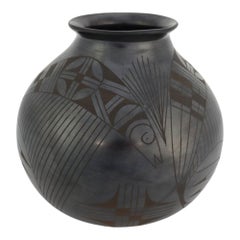 Large Mexican Black On Black Pottery Olla Signed By Jesus Pina 20thC