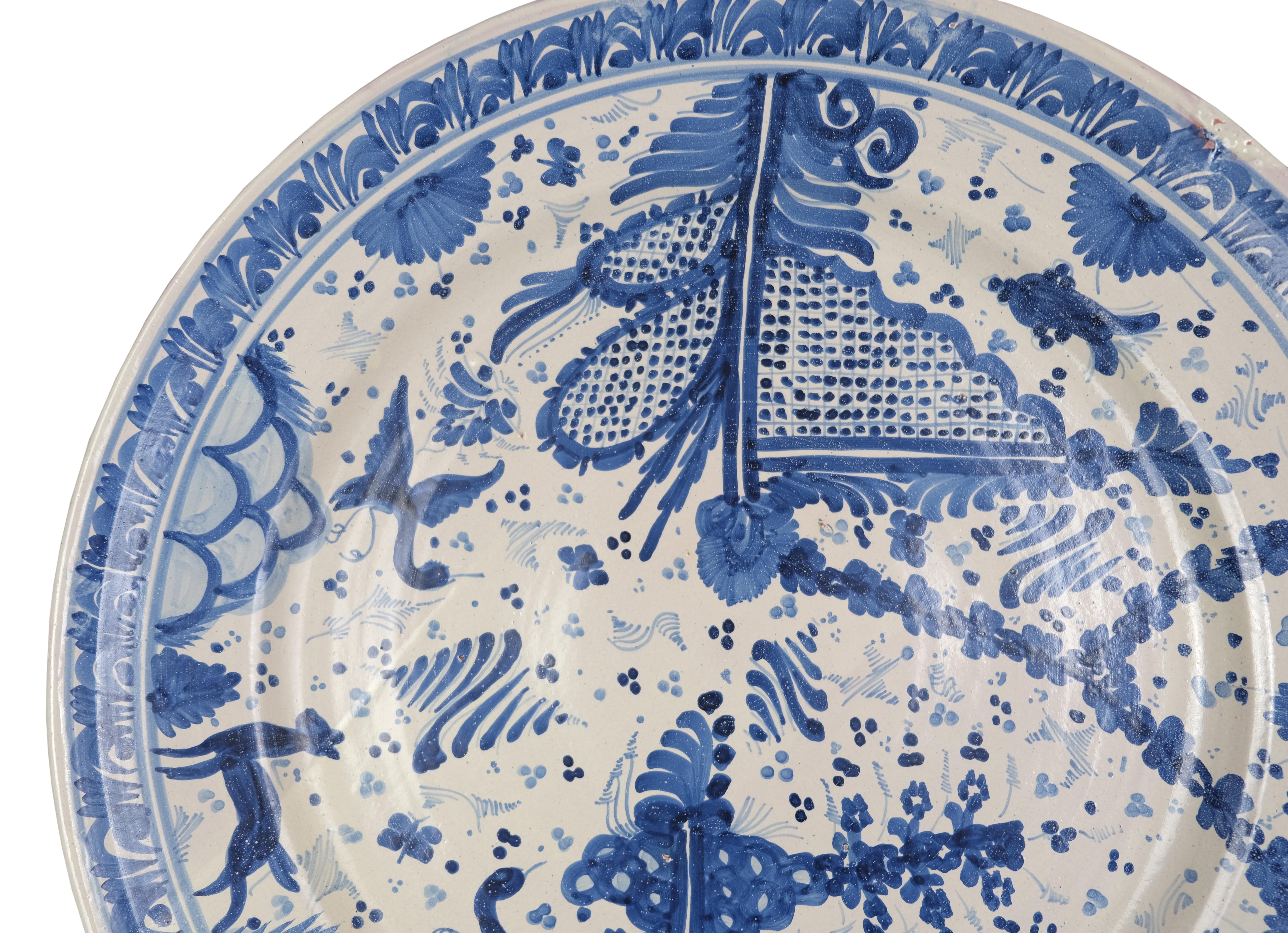 Hand-Painted Large Mexican Blue & White Pottery Wall Plate For Sale