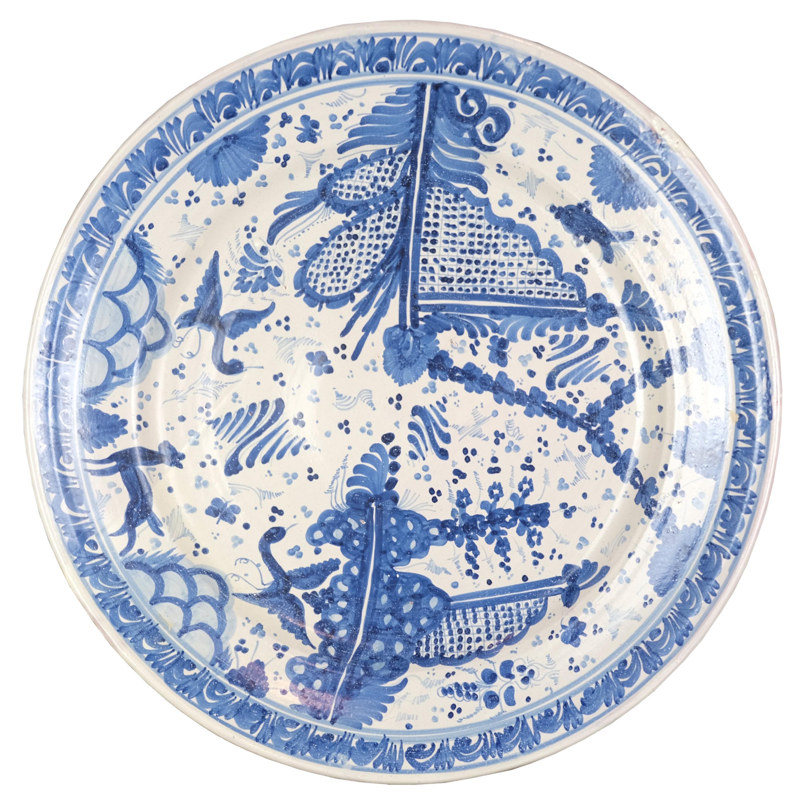 Large Mexican Blue & White Pottery Wall Plate For Sale