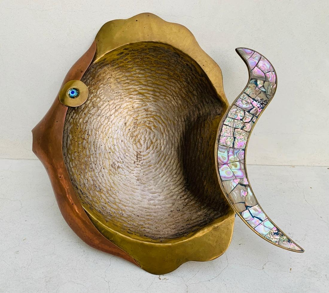 Large Mexican Brass, Copper and Abalone Shells Fish Tray by Los Castillo 6