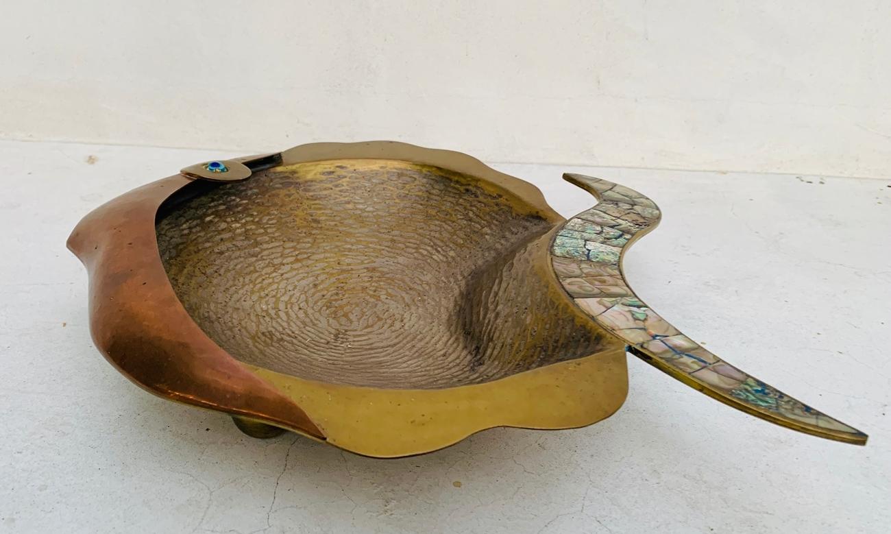 Large Mexican Brass, Copper and Abalone Shells Fish Tray by Los Castillo 7