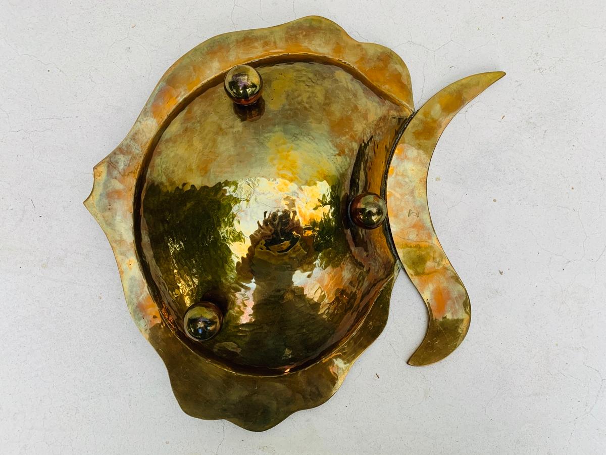 Mid-Century Modern Large Mexican Brass, Copper and Abalone Shells Fish Tray by Los Castillo