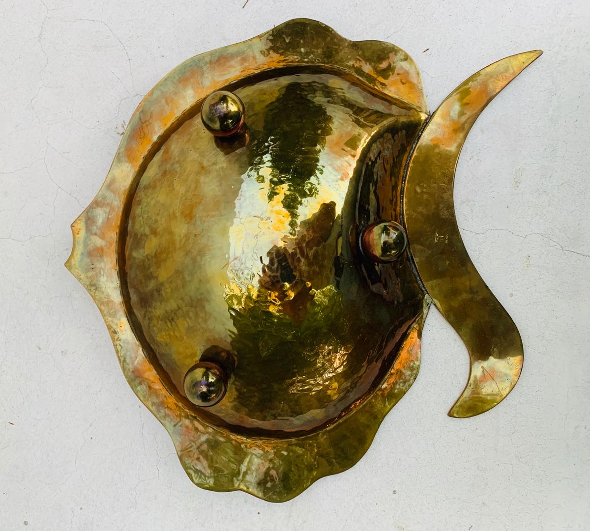 Large Mexican Brass, Copper and Abalone Shells Fish Tray by Los Castillo In Good Condition In Los Angeles, CA