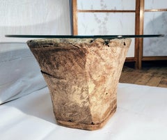 Large Mexican Cedar Mortar Sculpted Aged Wood Glass Top Table Mexico, 1940s
