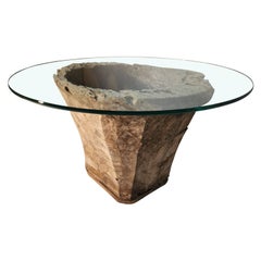 Large Mexican Cedar Mortar Sculpted Aged Wood Glass Top Table Mexico, 1940s
