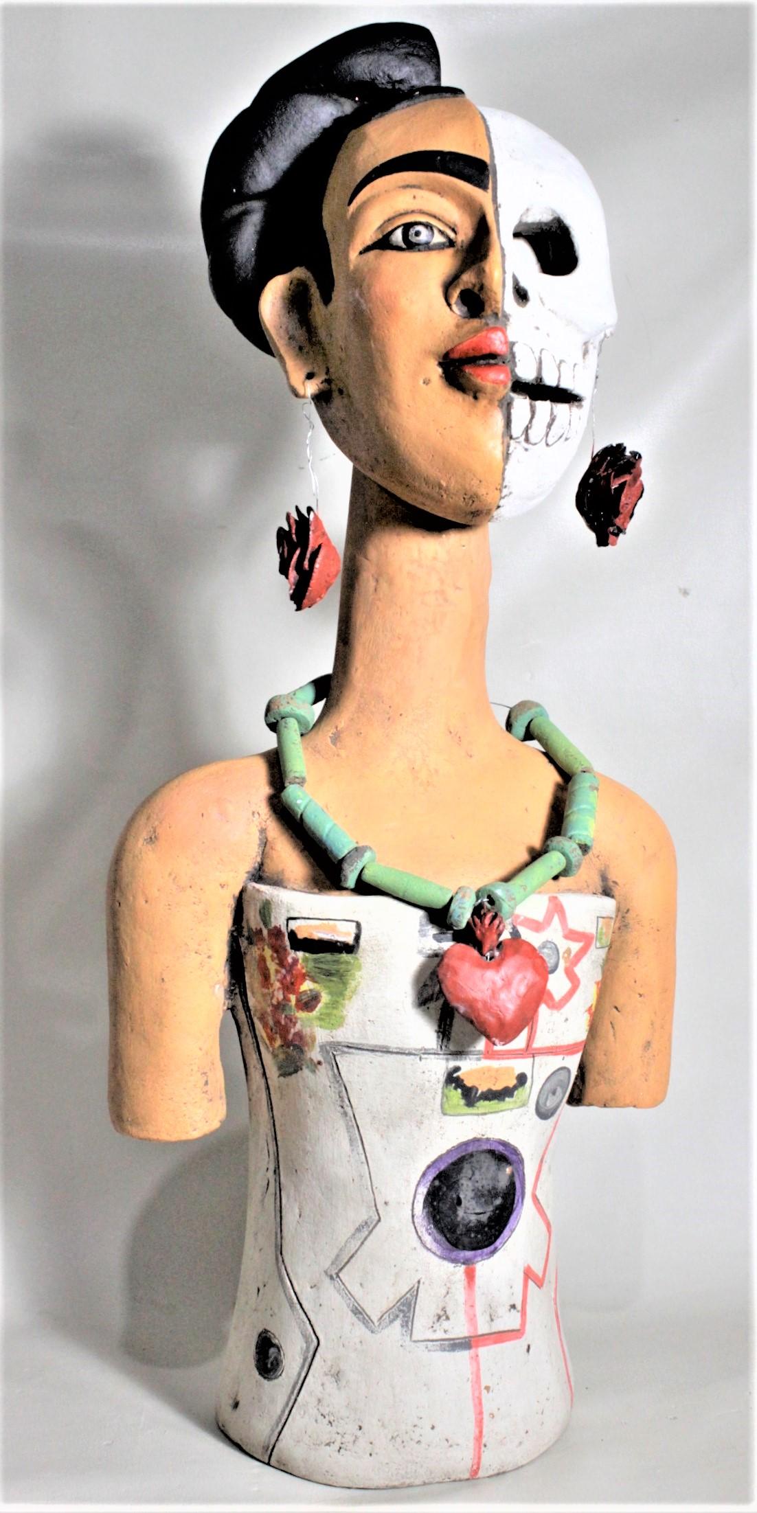Hand-Crafted Large Mexican Folk Art Pottery Sculpture of a Female Depicting Life & Death For Sale