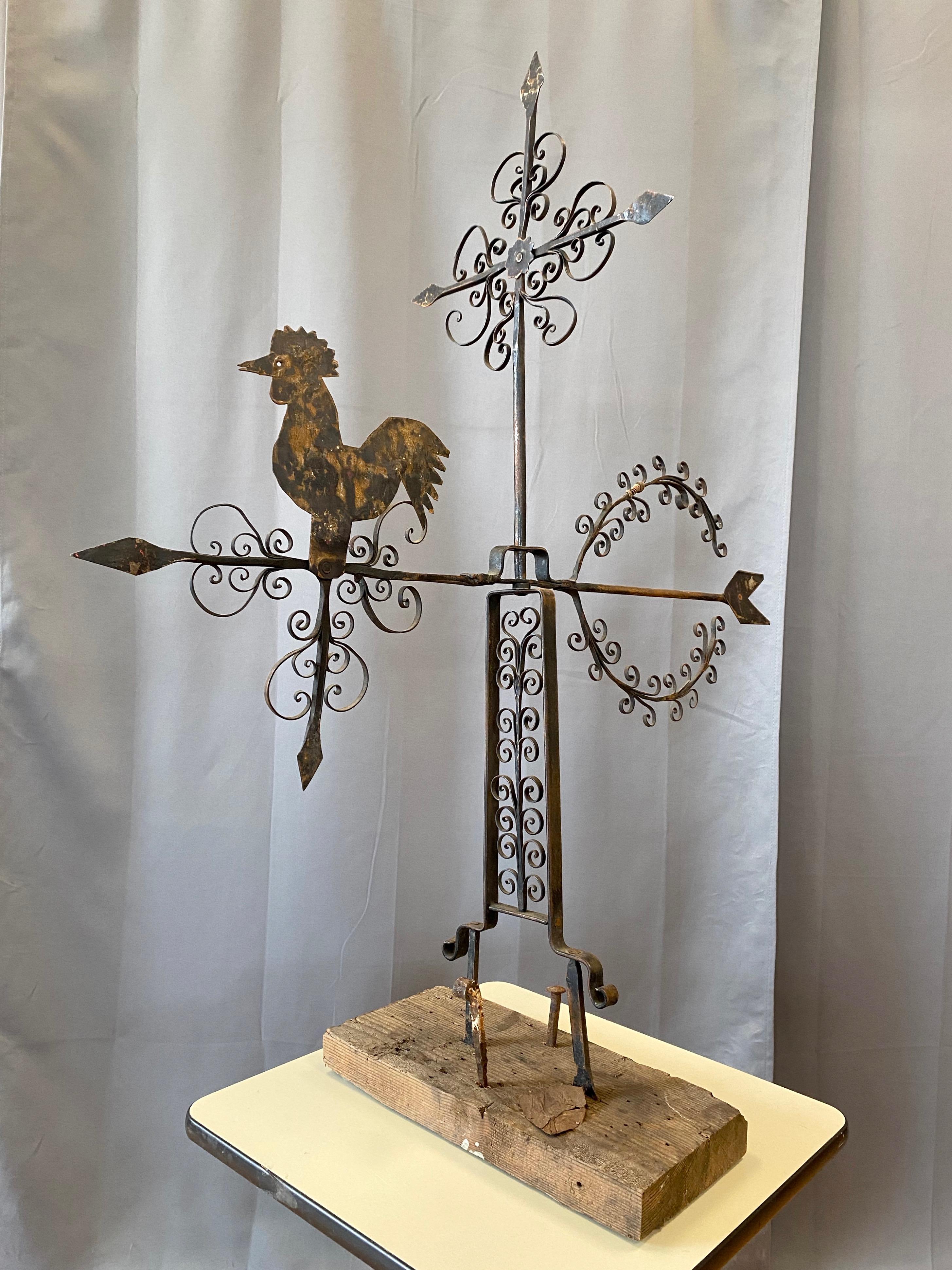 Large Mexican Folk Art Wrought Iron Rooster Weathervane, c. 1940 For Sale 7