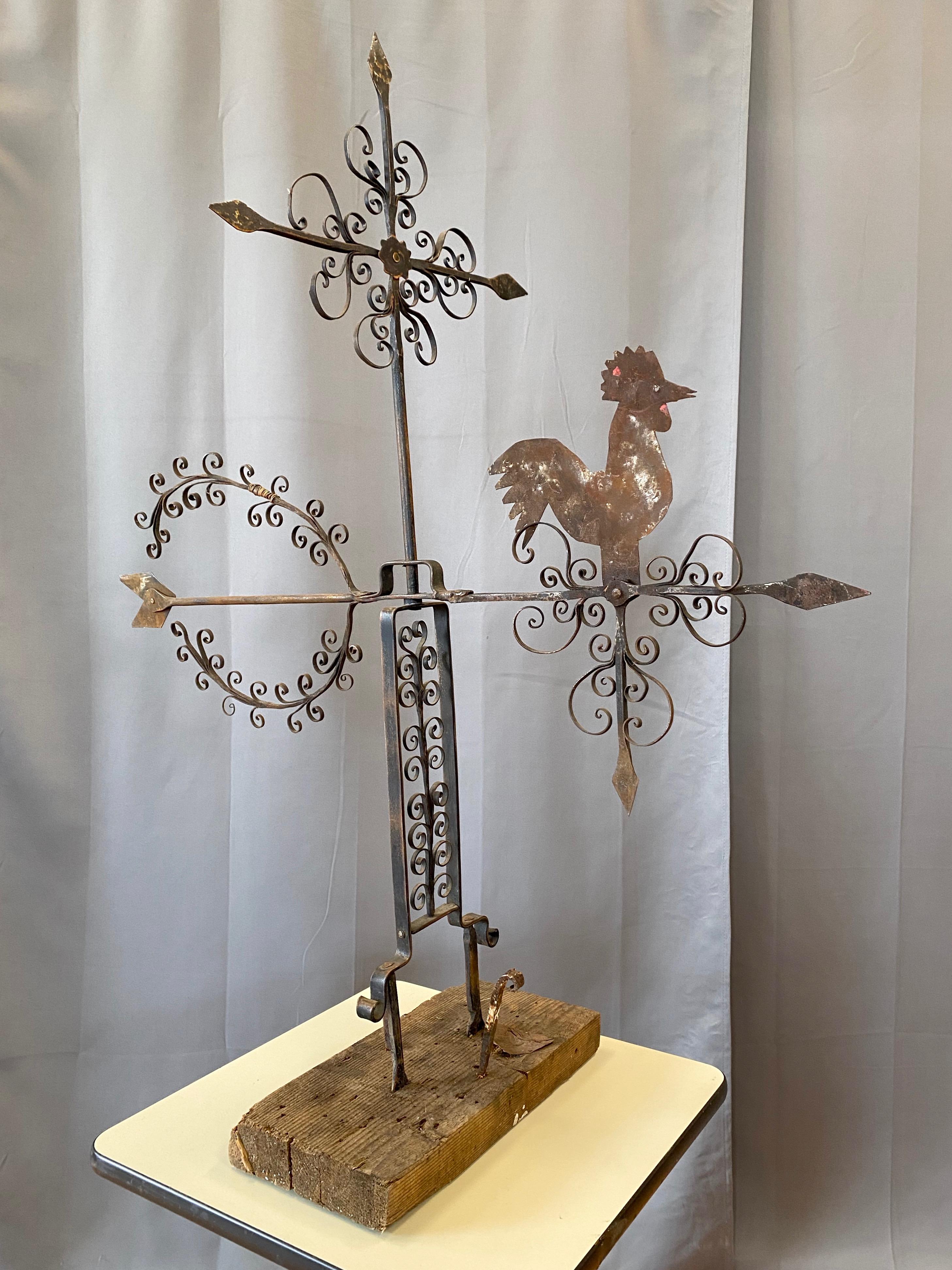 Large Mexican Folk Art Wrought Iron Rooster Weathervane, c. 1940 For Sale 9