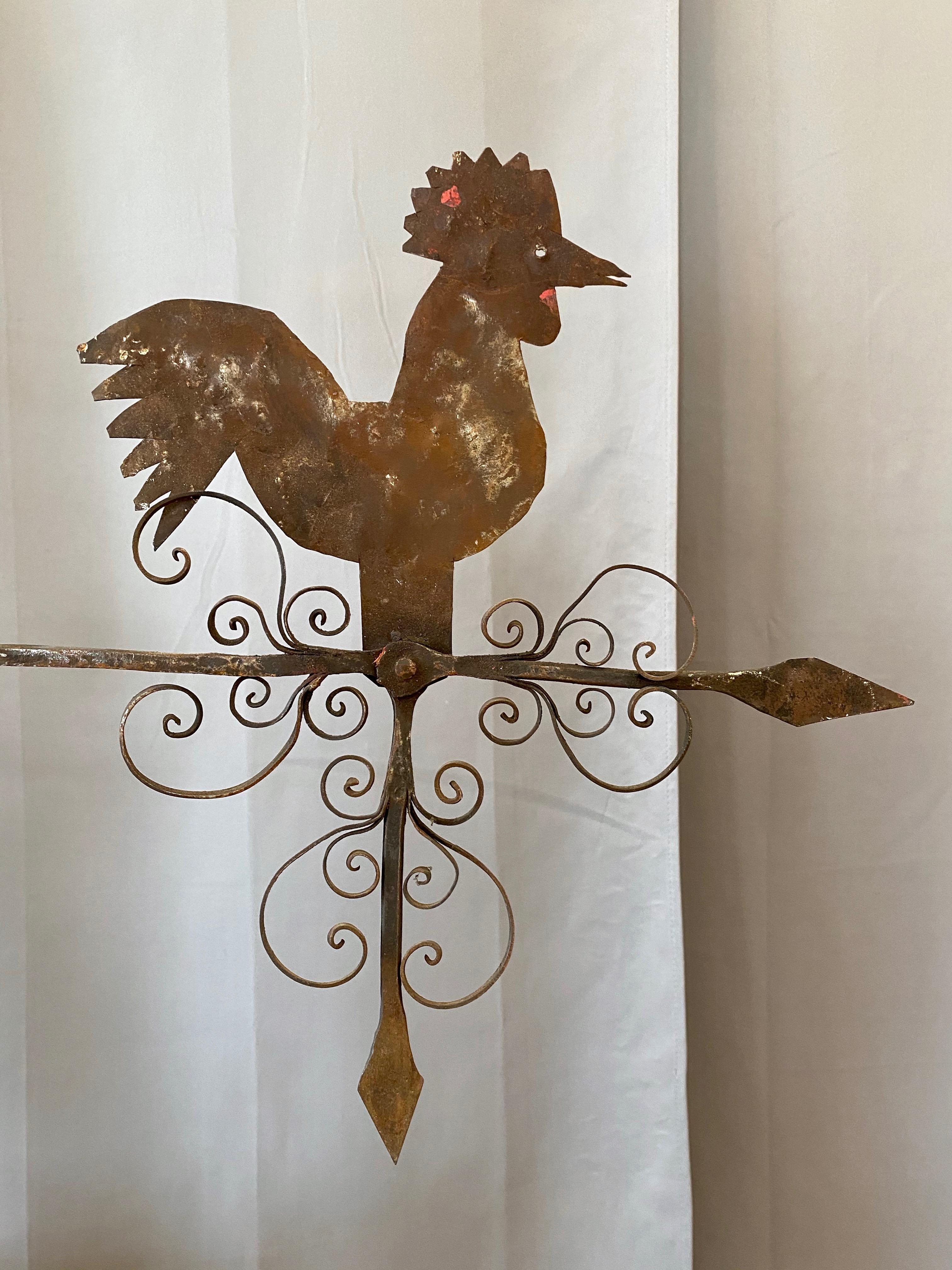 Large Mexican Folk Art Wrought Iron Rooster Weathervane, c. 1940 For Sale 1