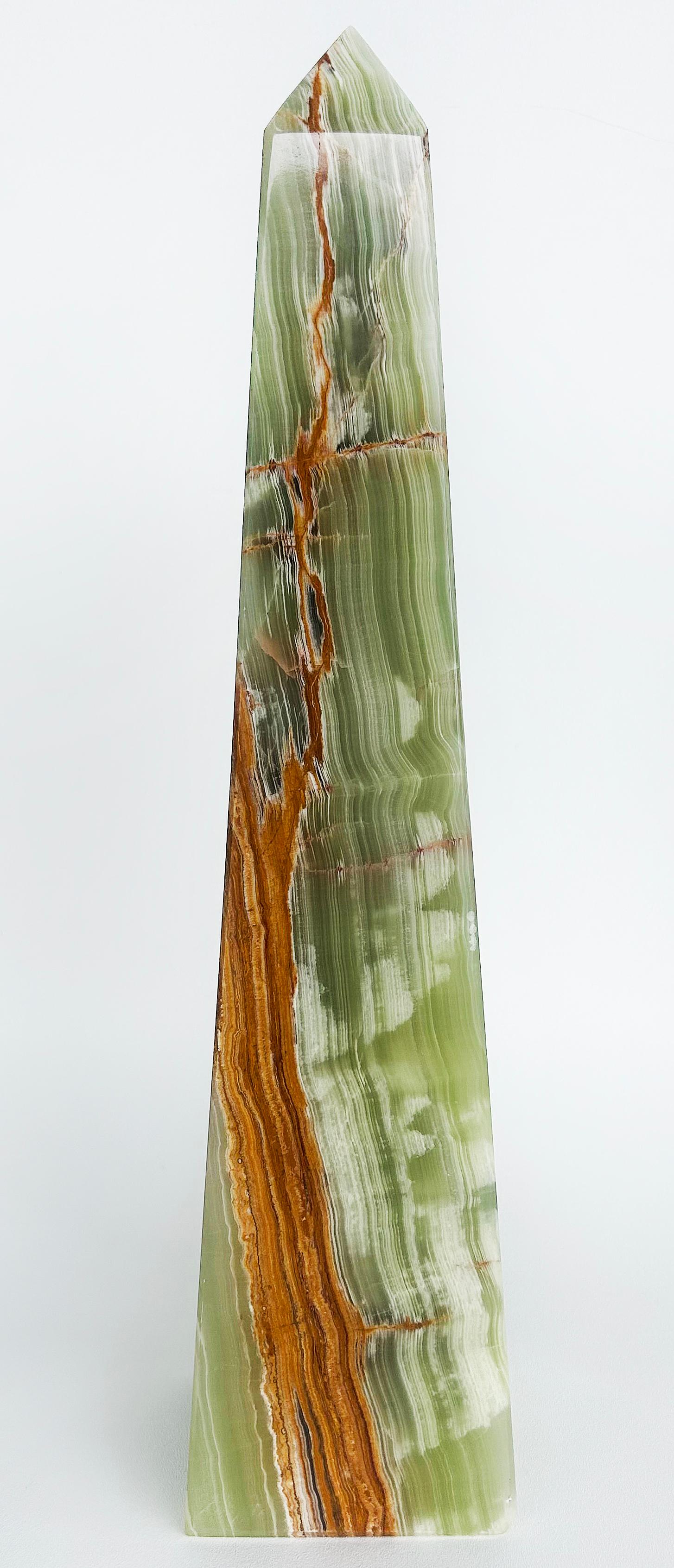 Organic Modern Large Mexican Green Onyx Tower Obelisk Specimen Weighing 20 lbs. For Sale