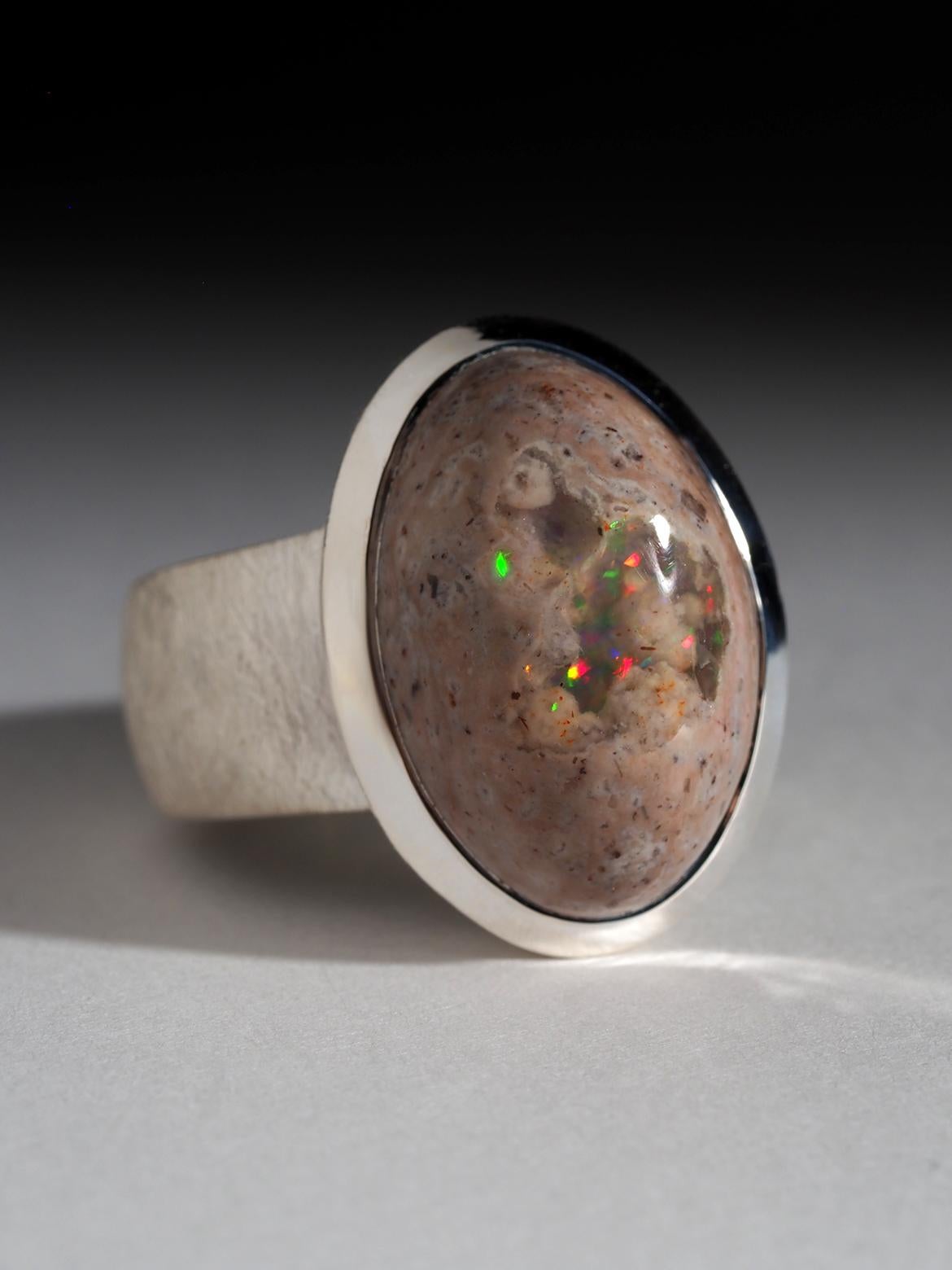 Large Mexican Opal Silver Ring wedding anniversary wife gift natural opal jewels For Sale 4