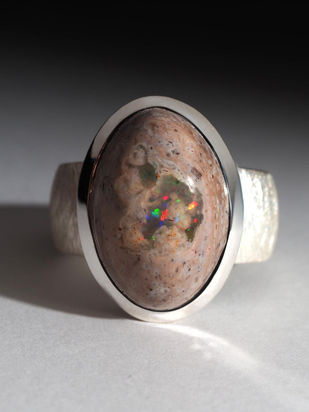 Large Mexican Opal Silver Ring wedding anniversary wife gift natural opal jewels For Sale 5