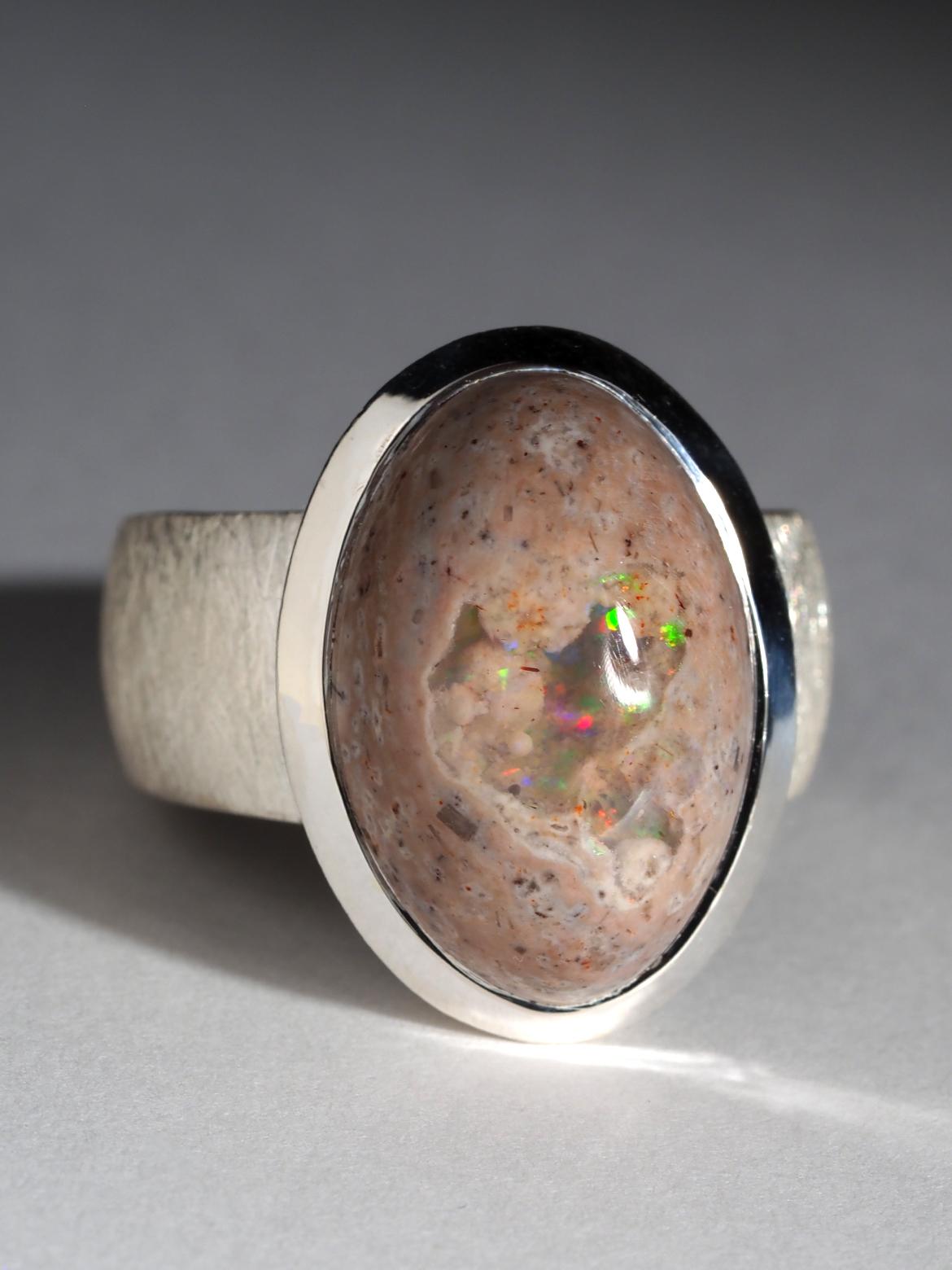 Artisan Large Mexican Opal Silver Ring wedding anniversary wife gift natural opal jewels For Sale