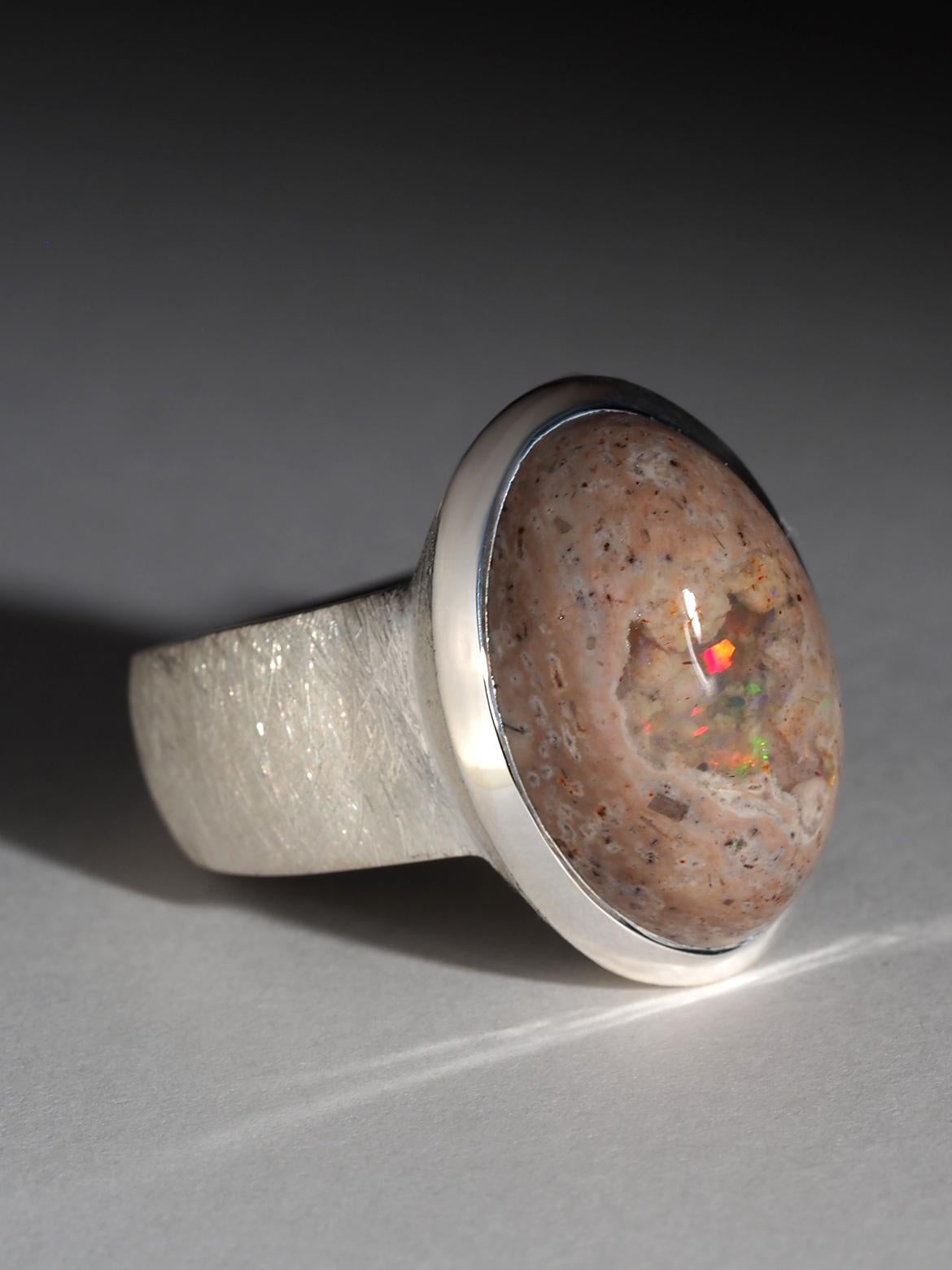 Oval Cut Large Mexican Opal Silver Ring wedding anniversary wife gift natural opal jewels For Sale