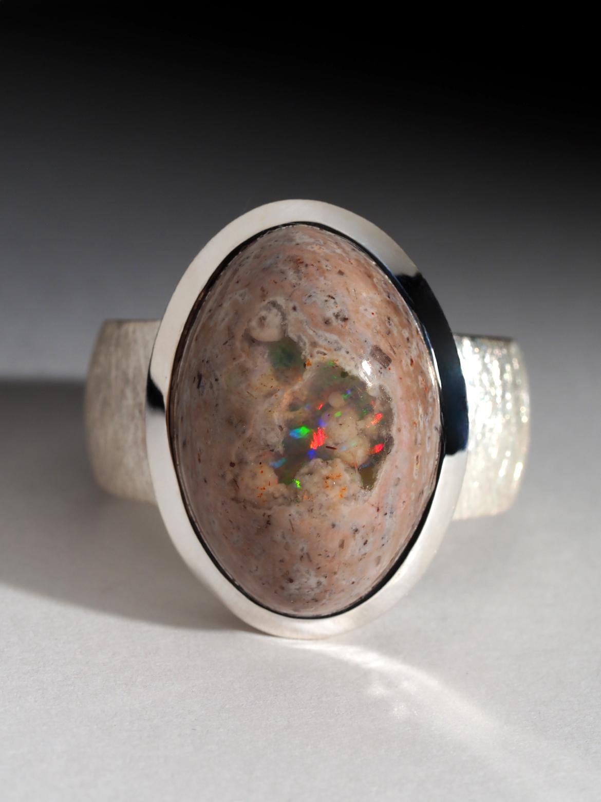 Women's or Men's Large Mexican Opal Silver Ring wedding anniversary wife gift natural opal jewels For Sale