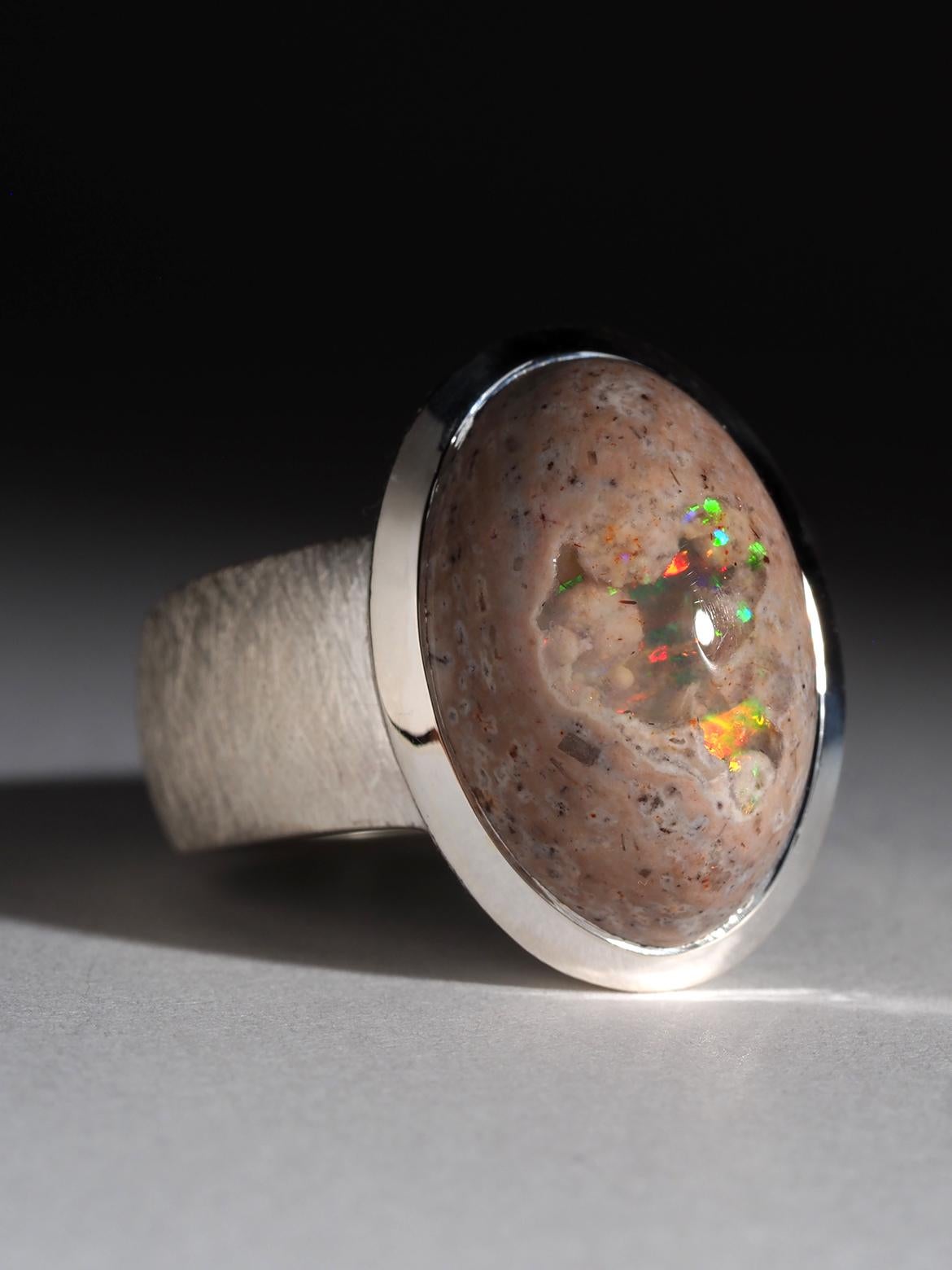 Large Mexican Opal Silver Ring wedding anniversary wife gift natural opal jewels For Sale 1