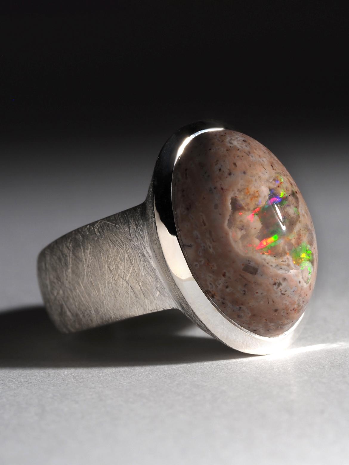Large Mexican Opal Silver Ring wedding anniversary wife gift natural opal jewels For Sale 2