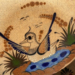 Large Mexican Round Folk Pottery Platter with Heron Bird Design Tonalá Mestizo
