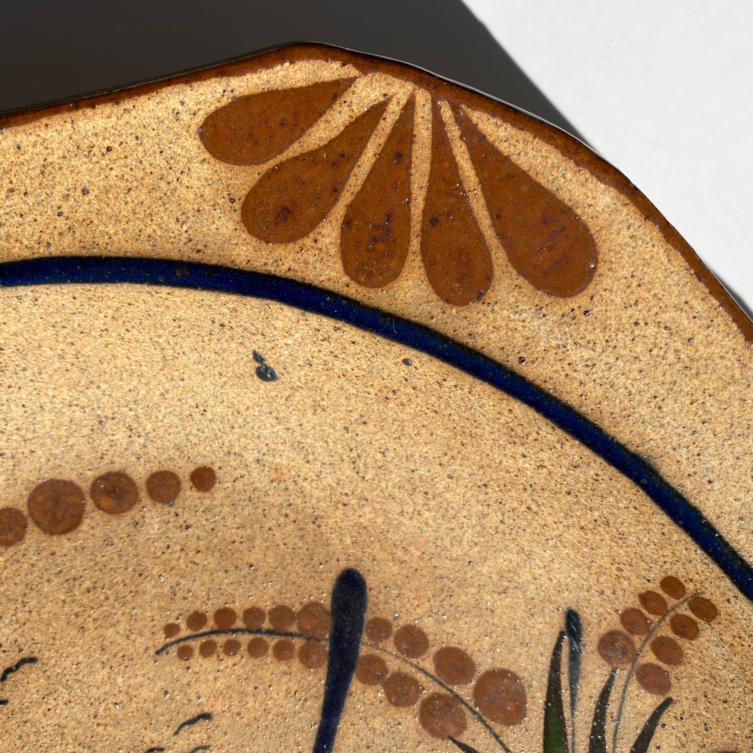 Folk Art Large Mexican Round Folk Pottery Platter with Heron Bird Design Tonalá Mestizo