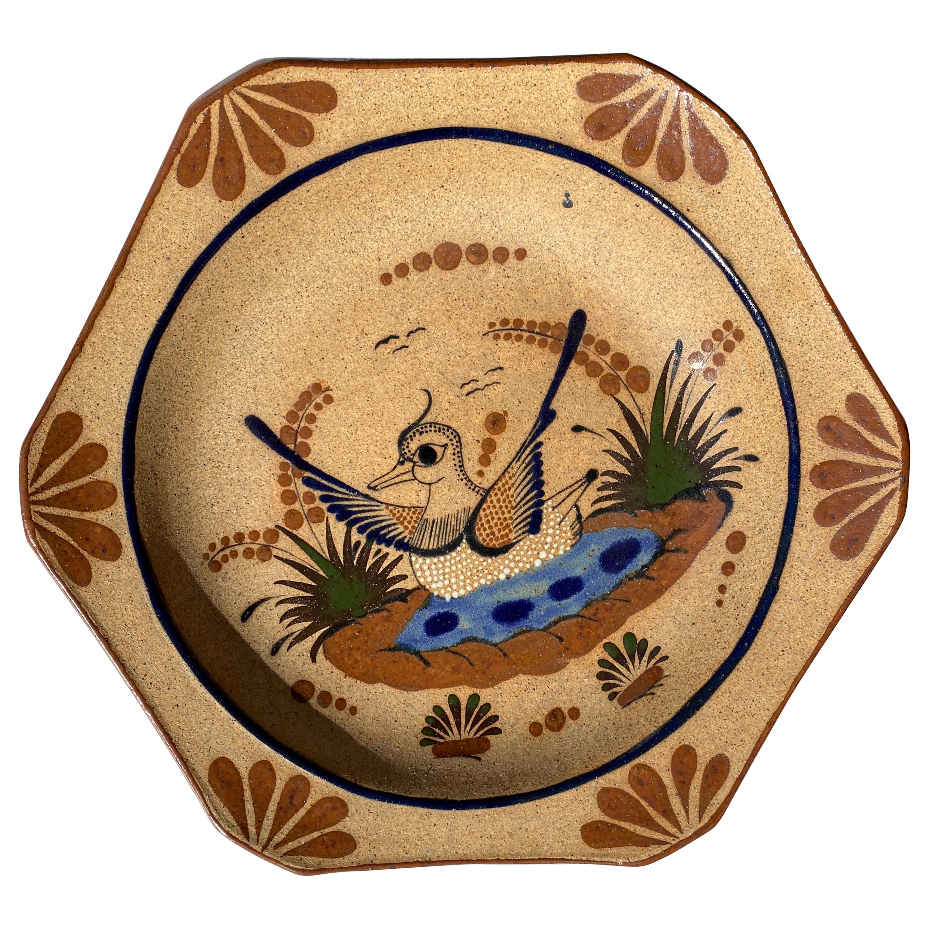 Large Mexican Round Folk Pottery Platter with Heron Bird Design Tonalá Mestizo