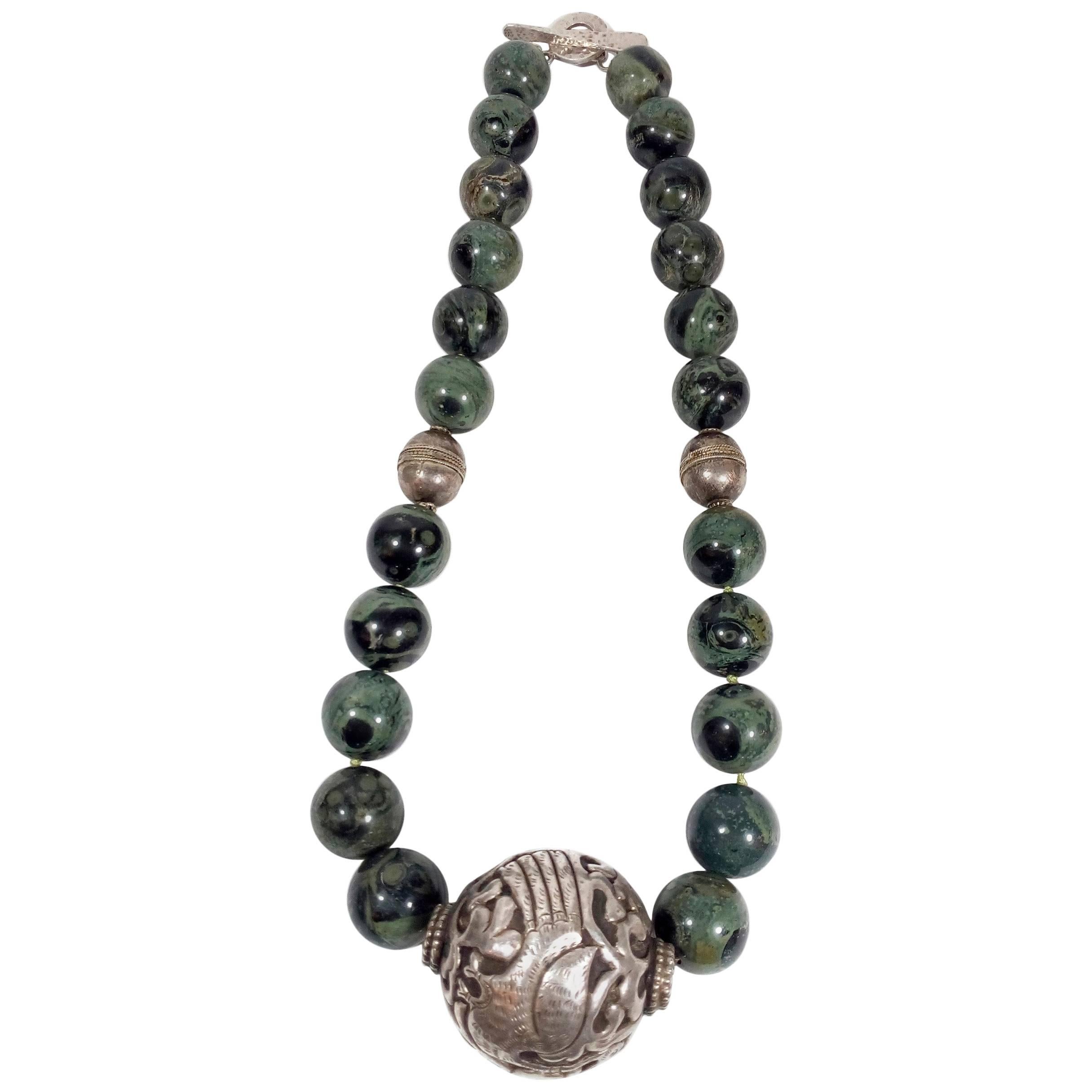 Large Mexican Silver and Serpentine Stone Vintage Necklace For Sale