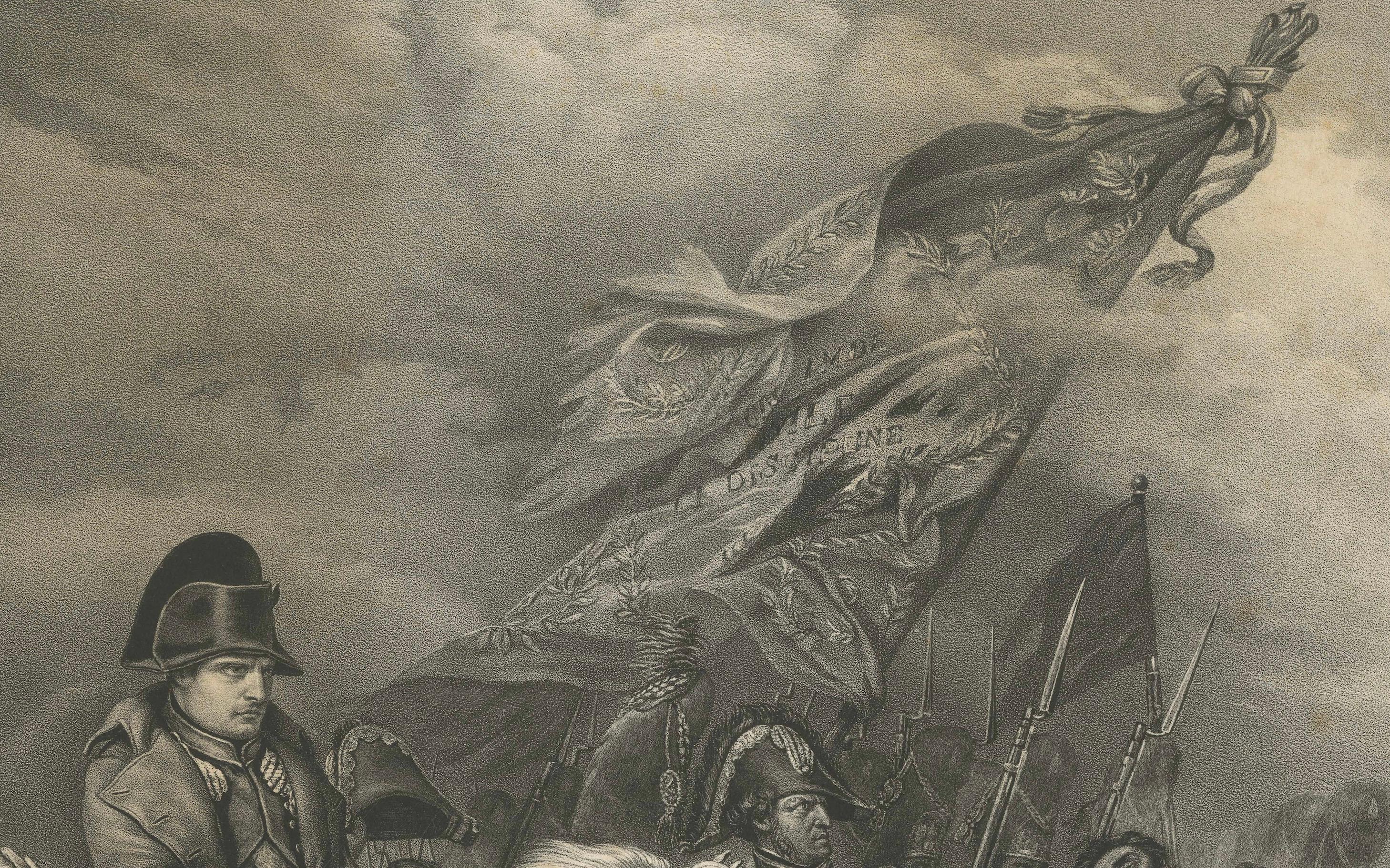 Large Mezzotint of Napoleon at the Battle of Waterloo German Print, c1850