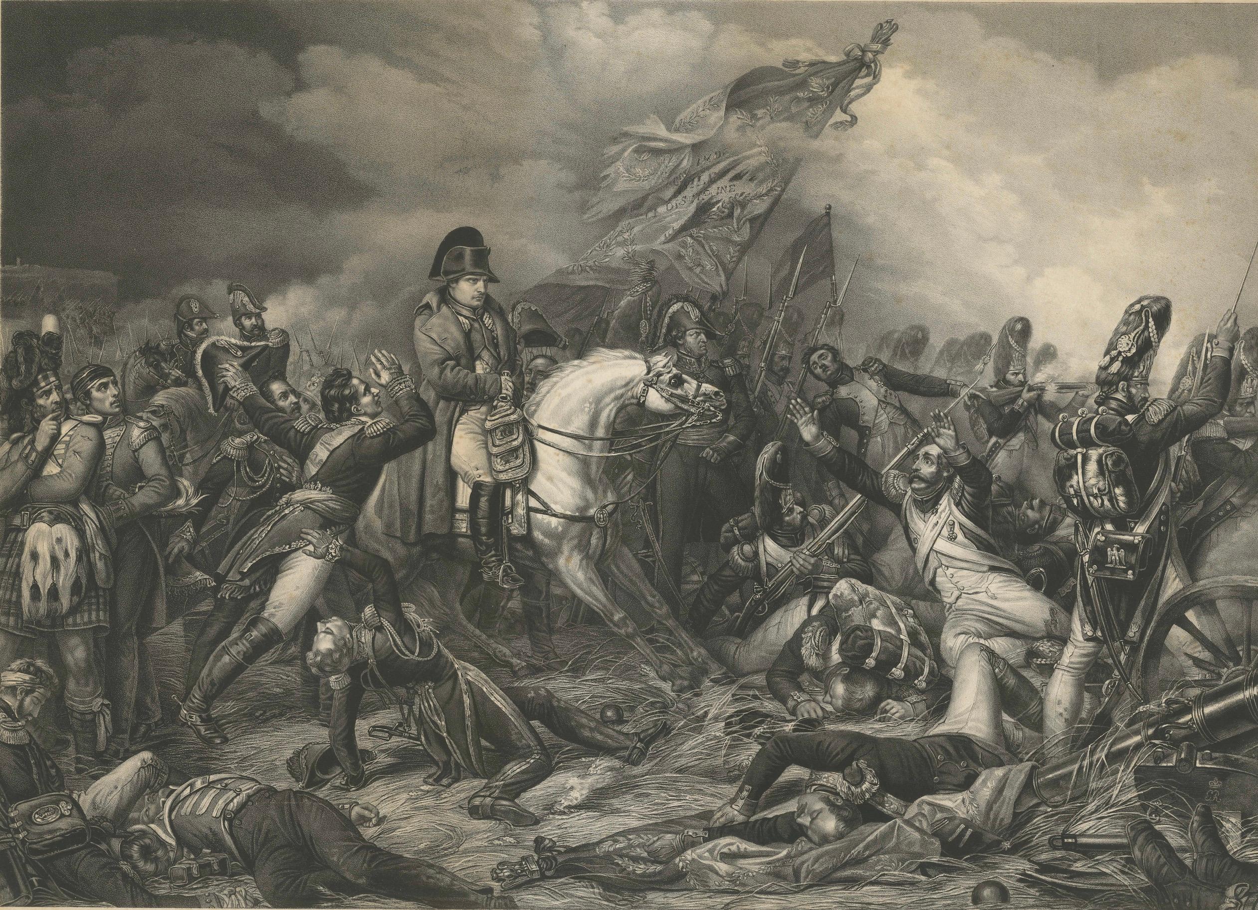 Large Mezzotint of Napoleon at the Battle of Waterloo German Print, c1850