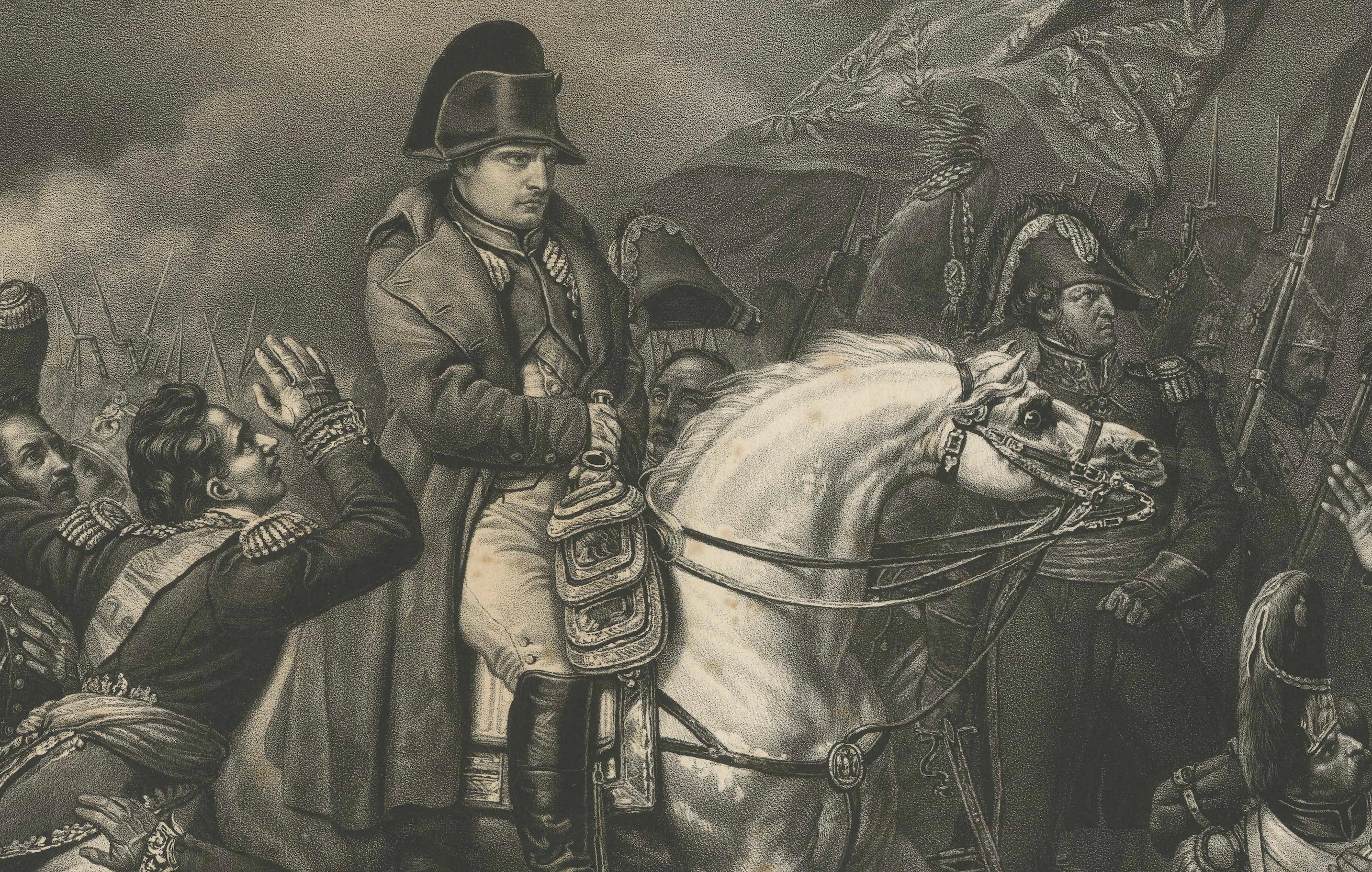 Large Mezzotint of Napoleon at the Battle of Waterloo German Print, c1850