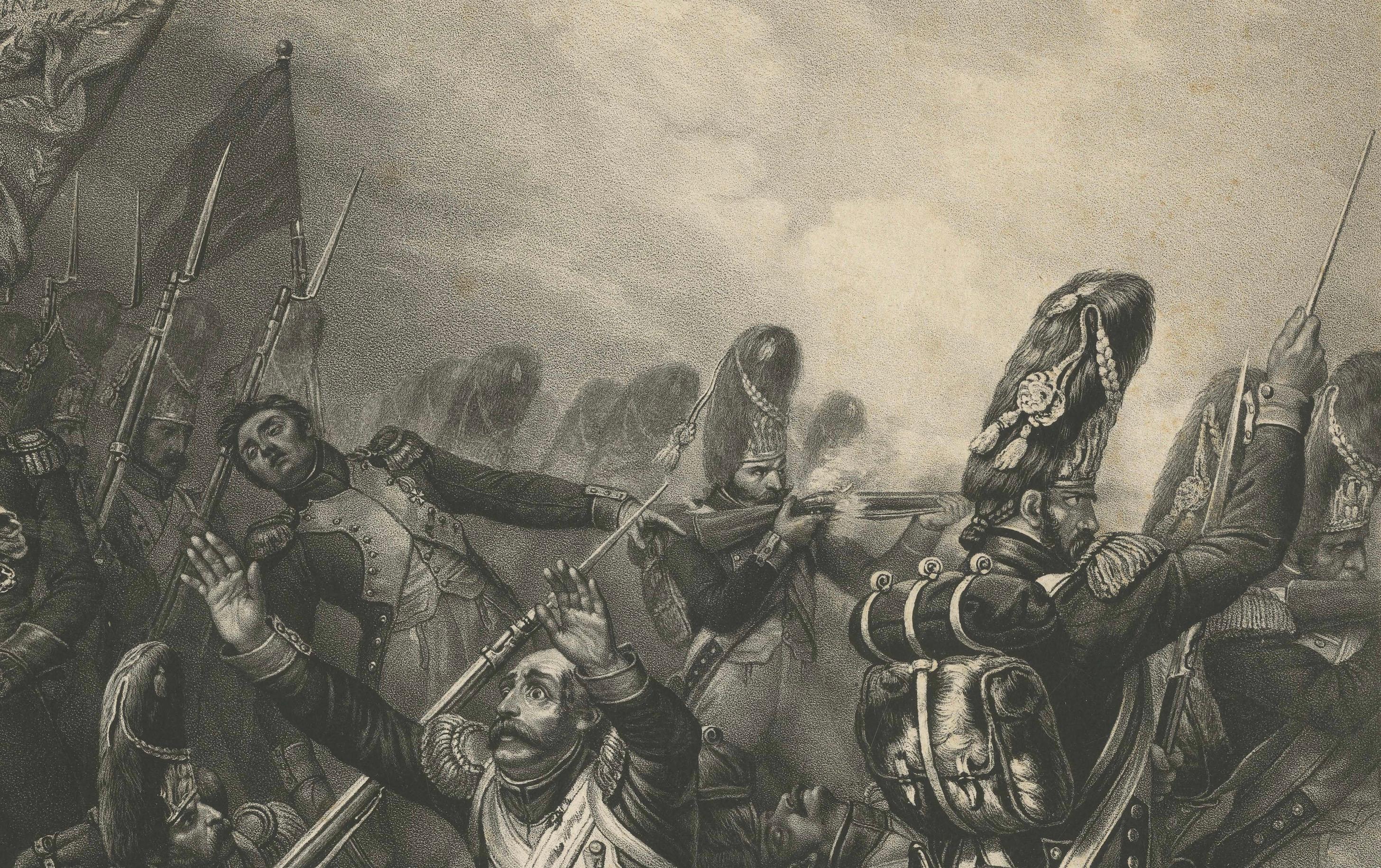 Large Mezzotint of Napoleon at the Battle of Waterloo German Print, c1850