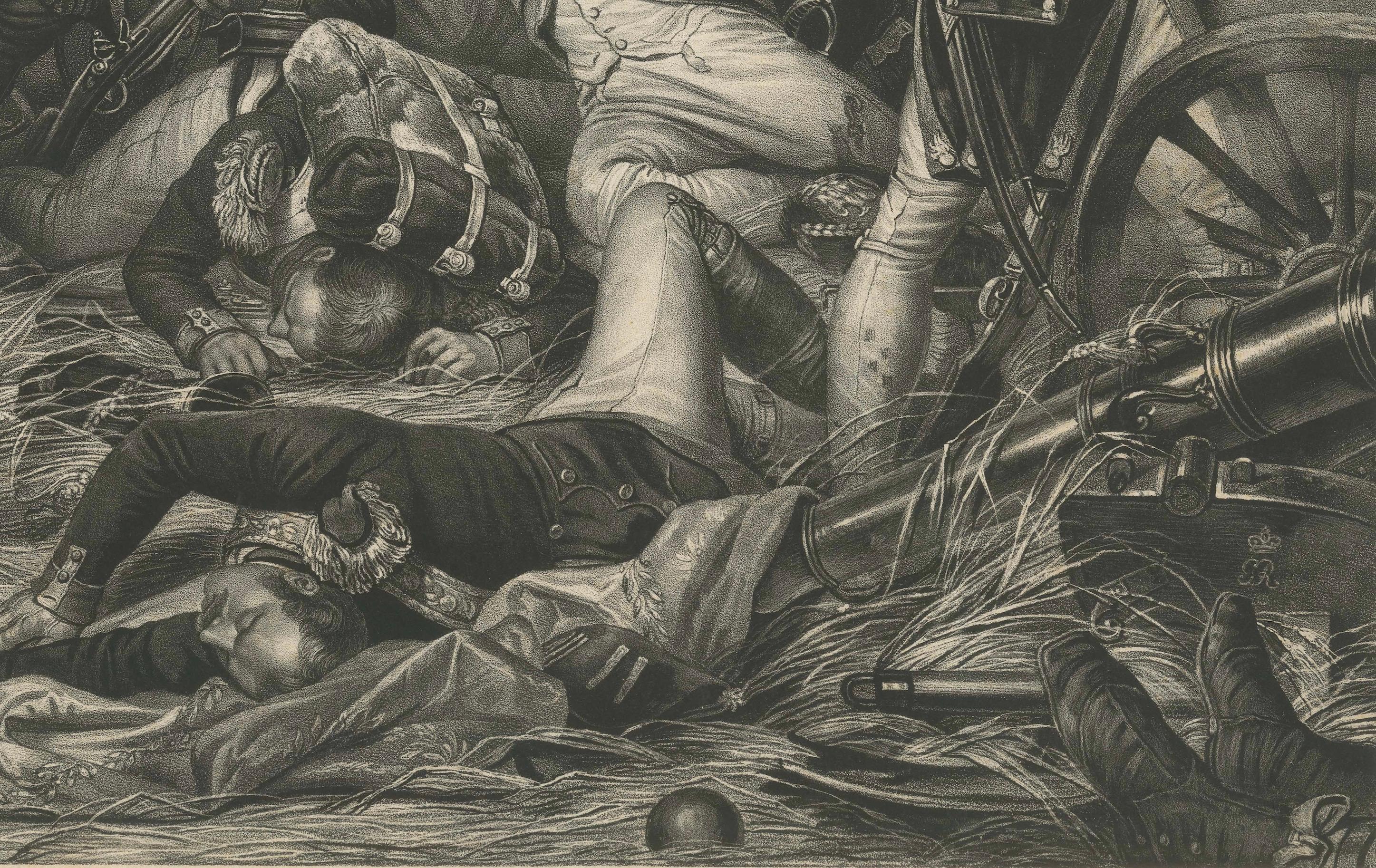 Large Mezzotint of Napoleon at the Battle of Waterloo German Print, c1850