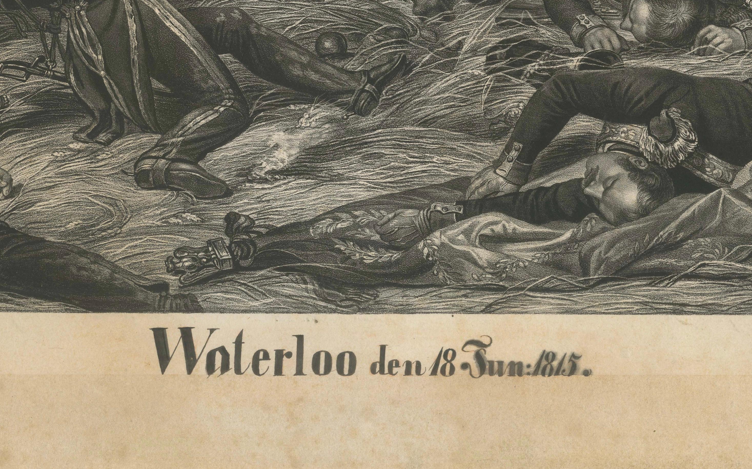 Large Mezzotint of Napoleon at the Battle of Waterloo German Print, c1850