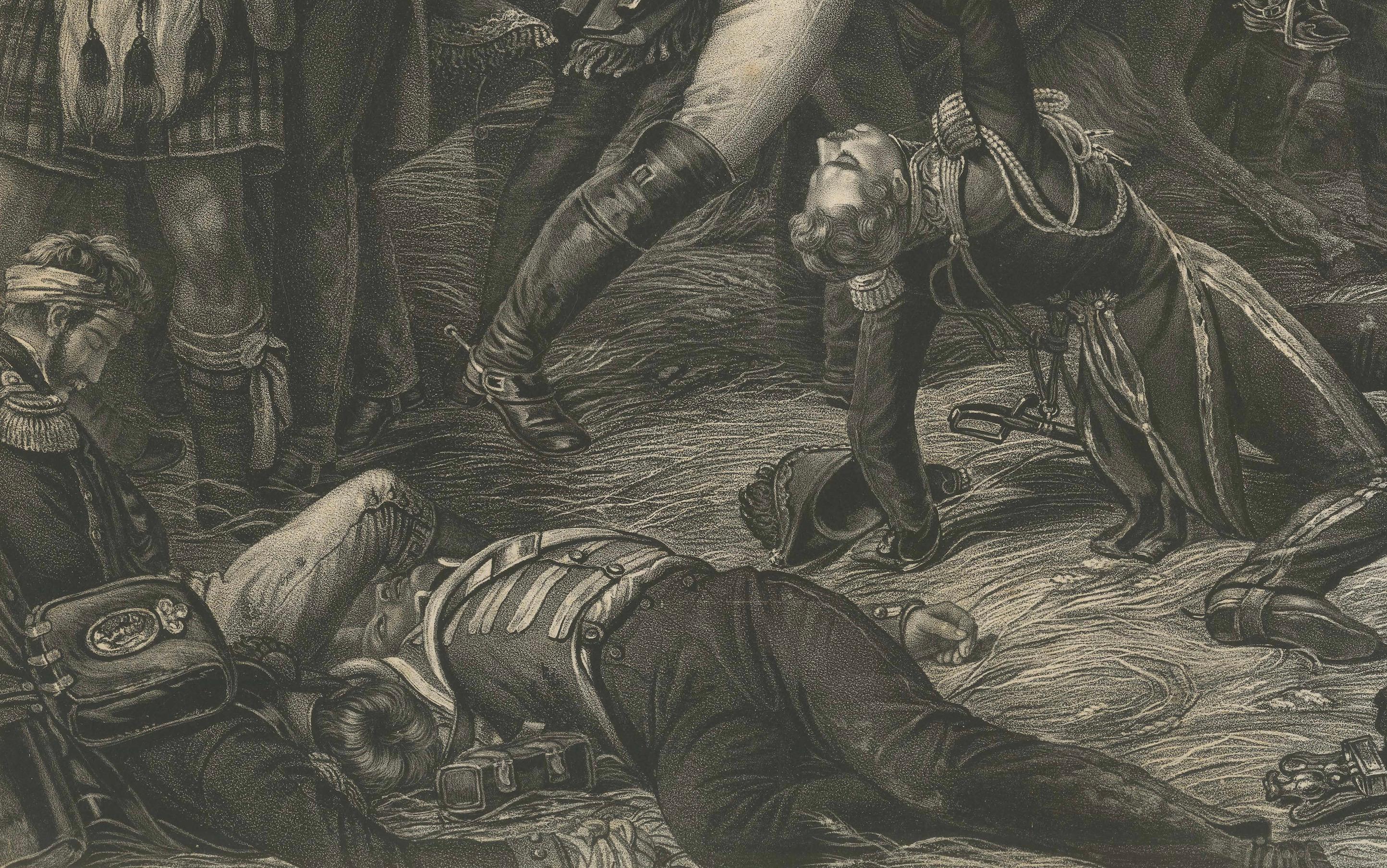 Large Mezzotint of Napoleon at the Battle of Waterloo German Print, c1850