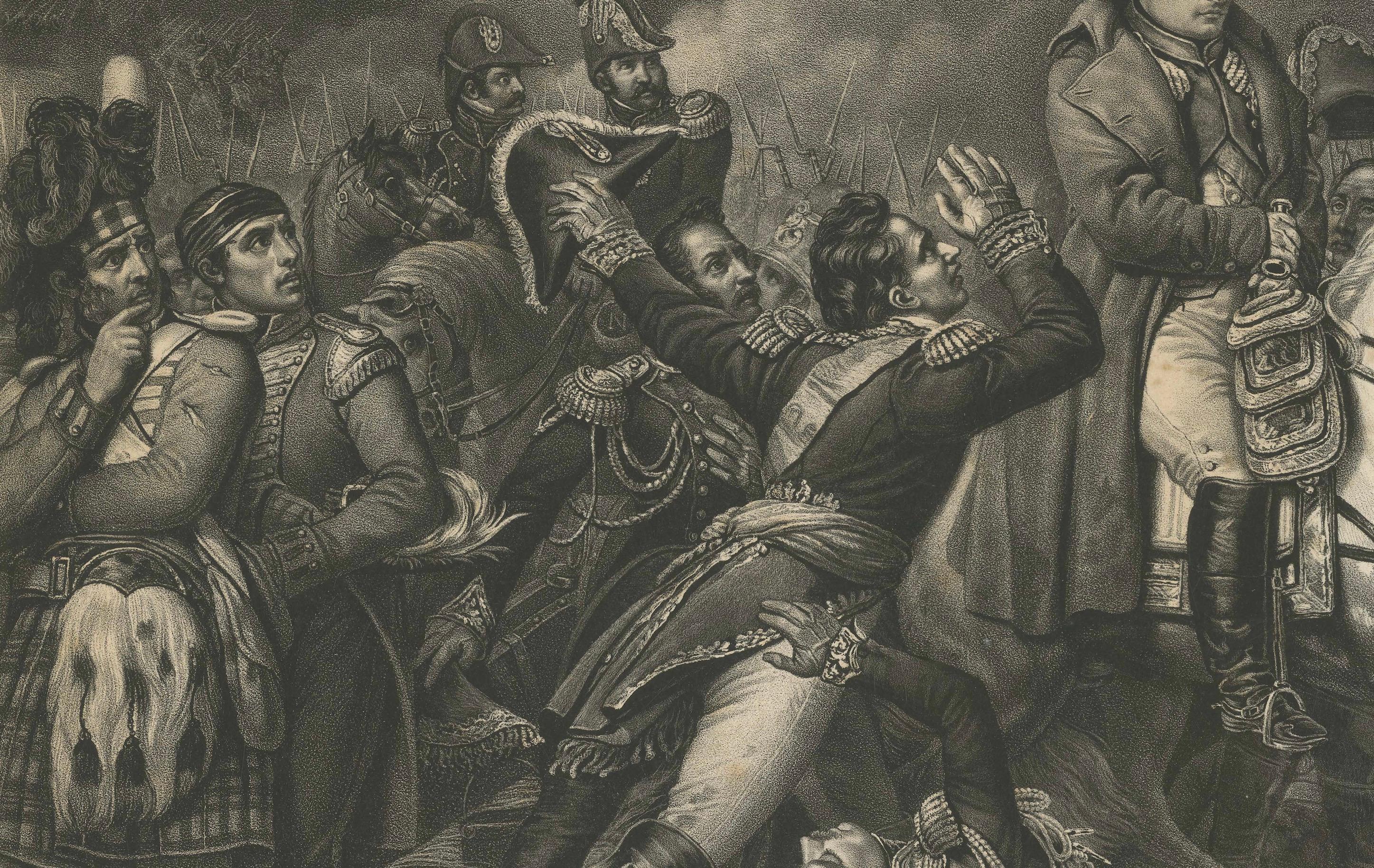 Large Mezzotint of Napoleon at the Battle of Waterloo German Print, c1850