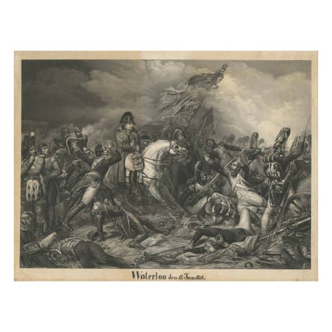 Large Mezzotint of Napoleon at the Battle of Waterloo German Print, c1850