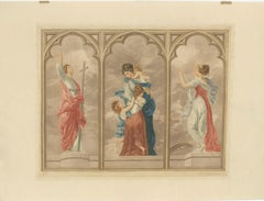Large Mezzotint of Three Women in Gothic Pointed Arches