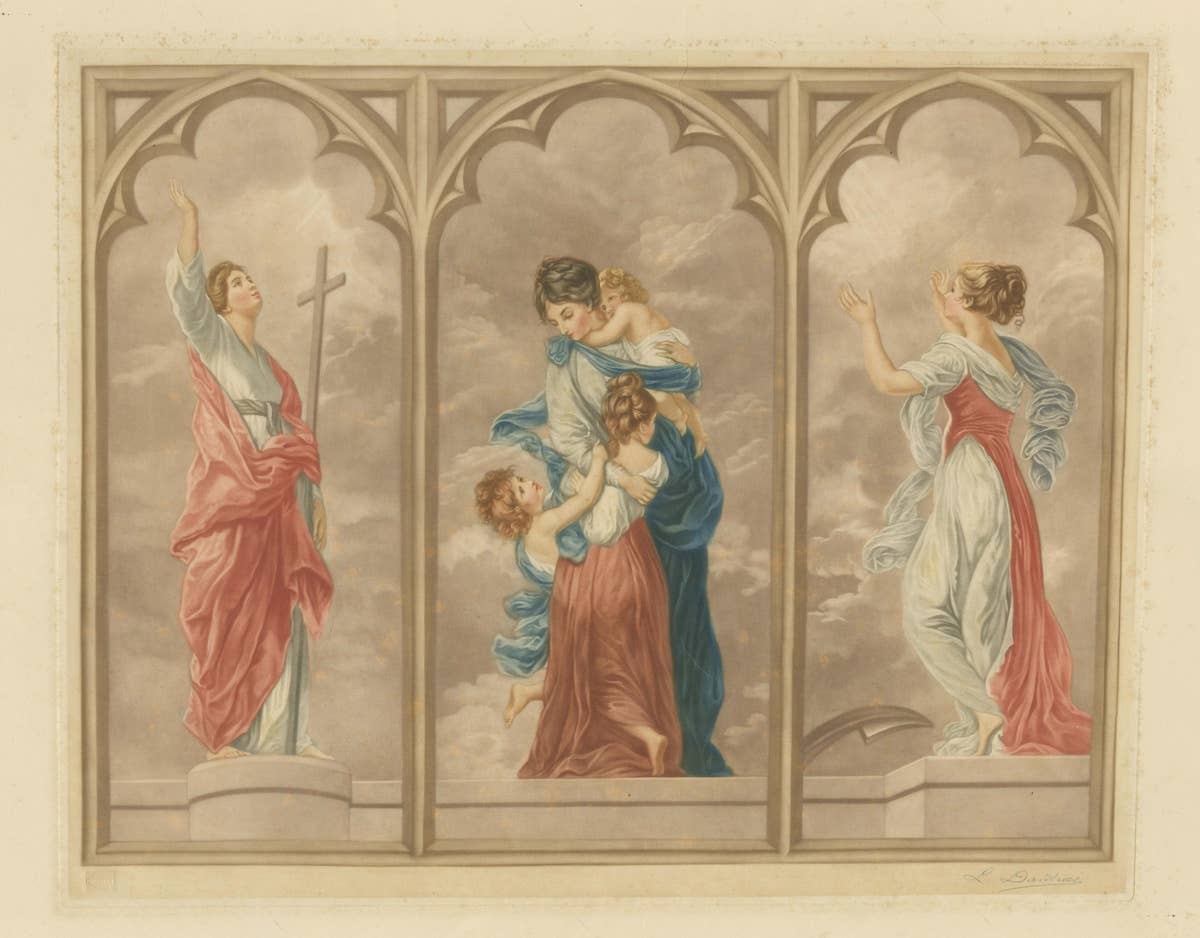Large Mezzotint of Three Women in Gothic Pointed Arches