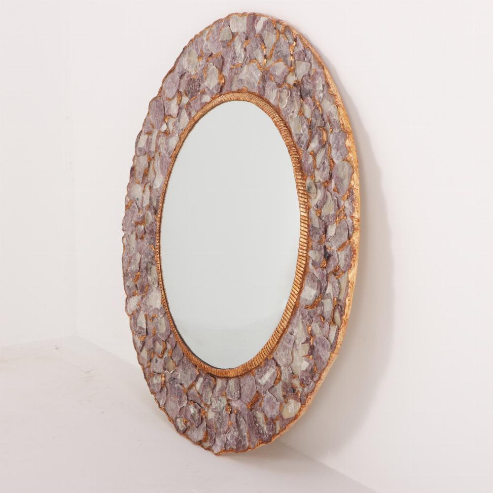 Mid-Century Modern Large Mica and Gilt Resin Convex Mirror. For Sale