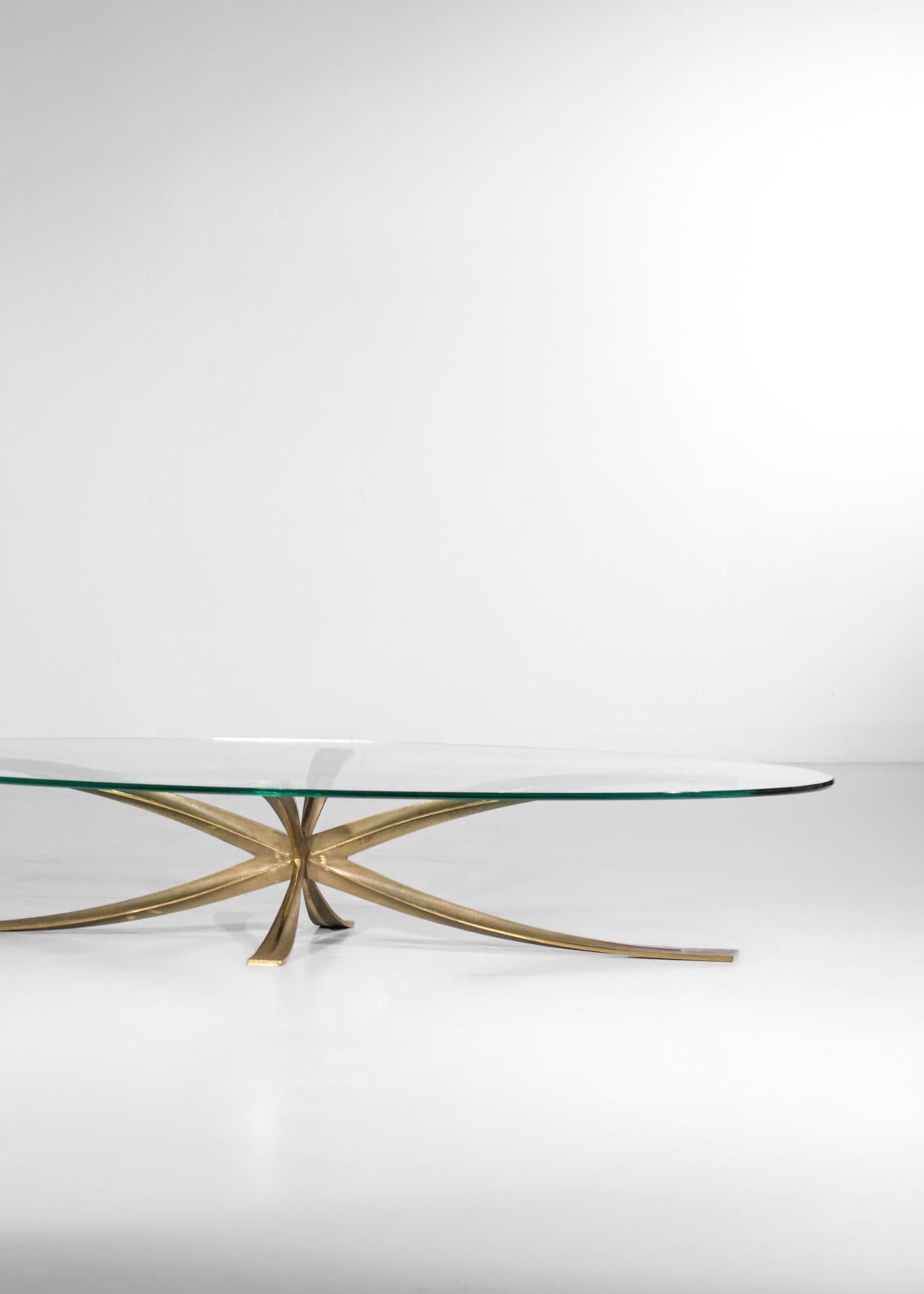 Large Michel Mangematin Coffee Table in Gilt Bronze and Oval Glass 1960's Design For Sale 1