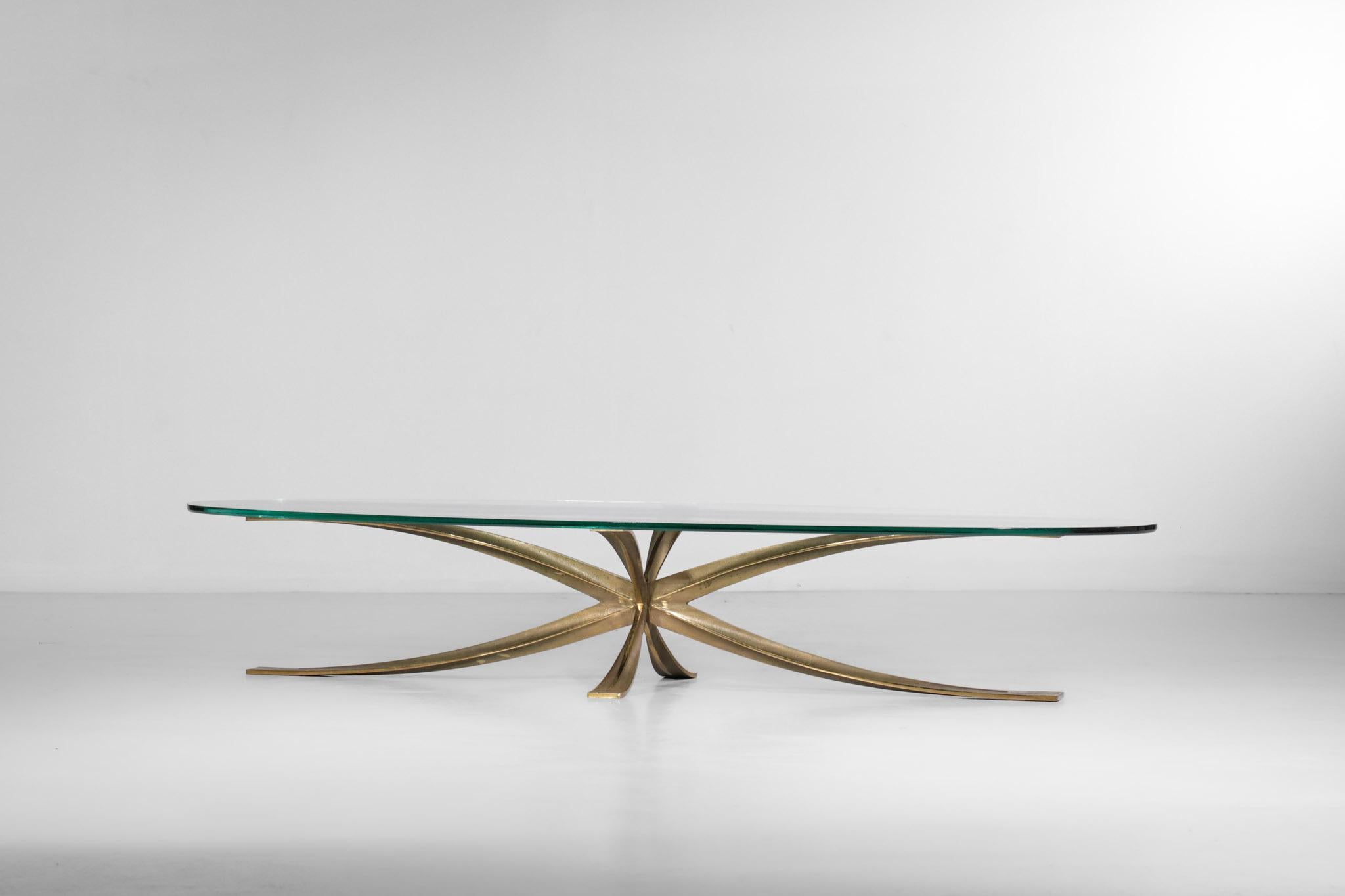 Large Michel Mangematin Coffee Table in Gilt Bronze and Oval Glass 1960's Design For Sale 2