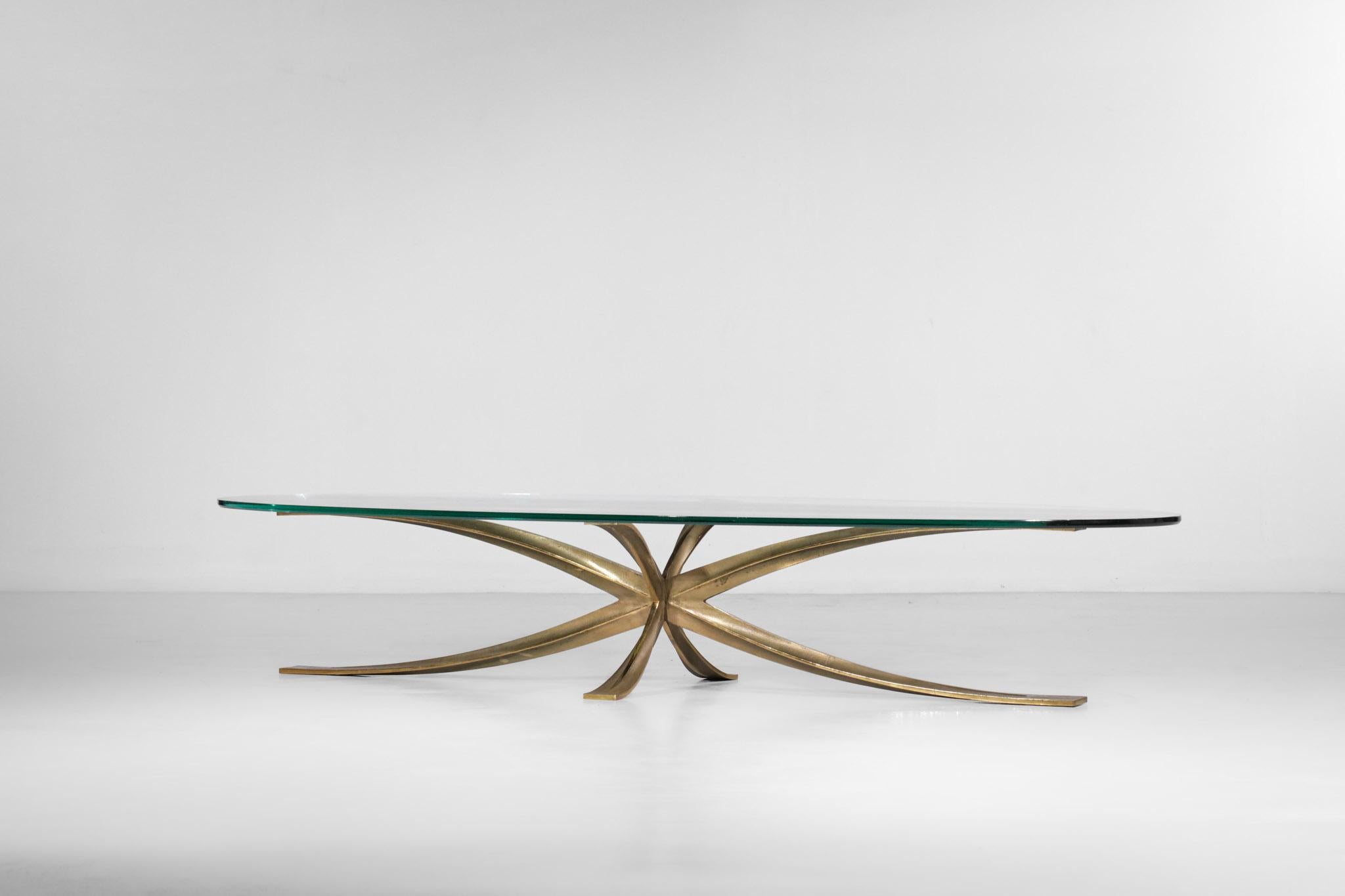 Large Michel Mangematin Coffee Table in Gilt Bronze and Oval Glass 1960's Design For Sale 3