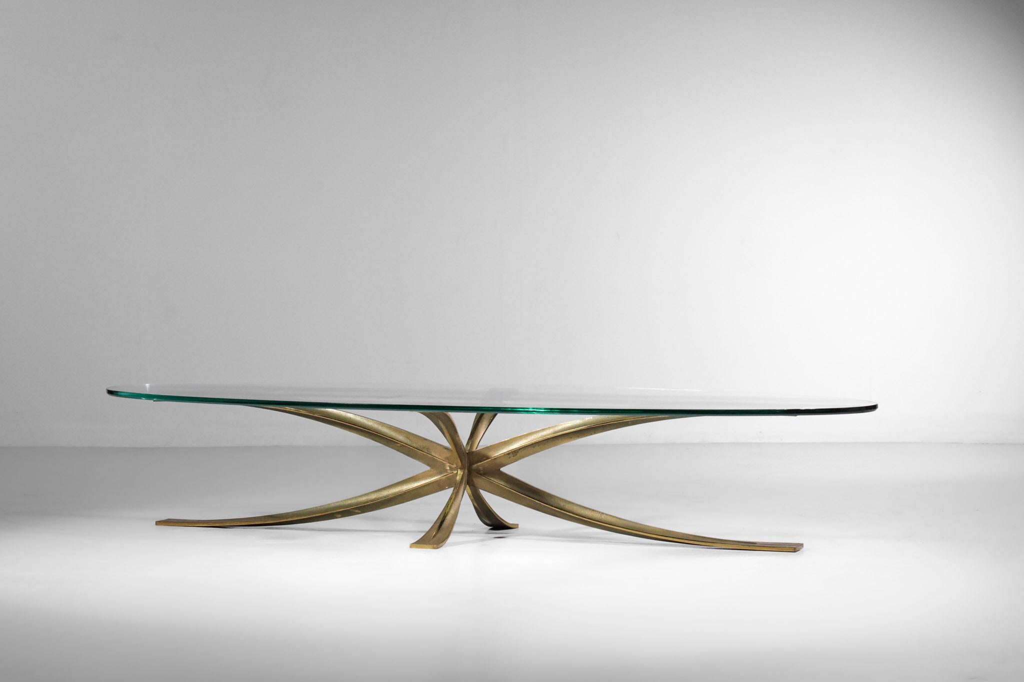 Large Michel Mangematin Coffee Table in Gilt Bronze and Oval Glass 1960's Design For Sale 4