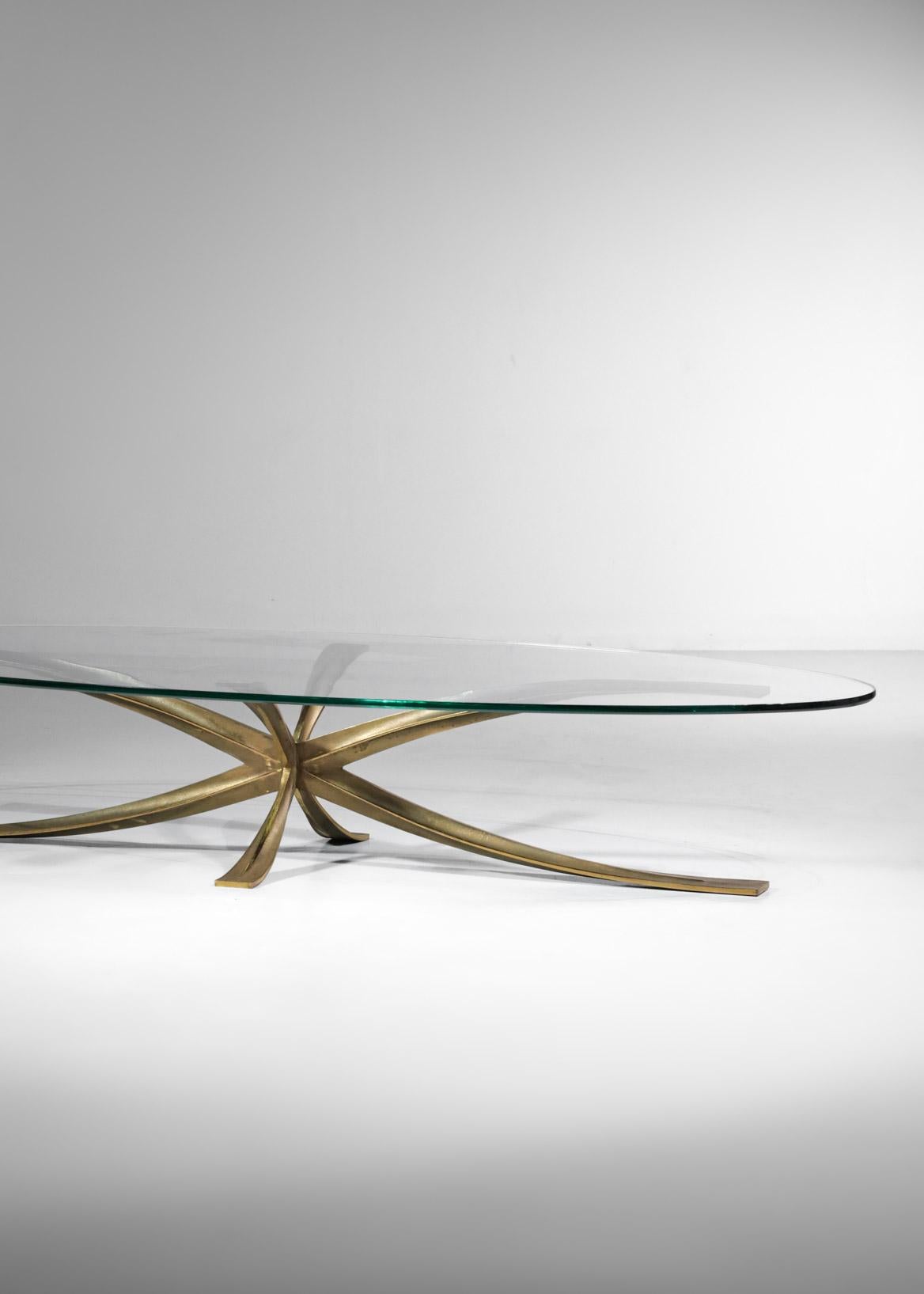 Large Michel Mangematin Coffee Table in Gilt Bronze and Oval Glass 1960's Design For Sale 5