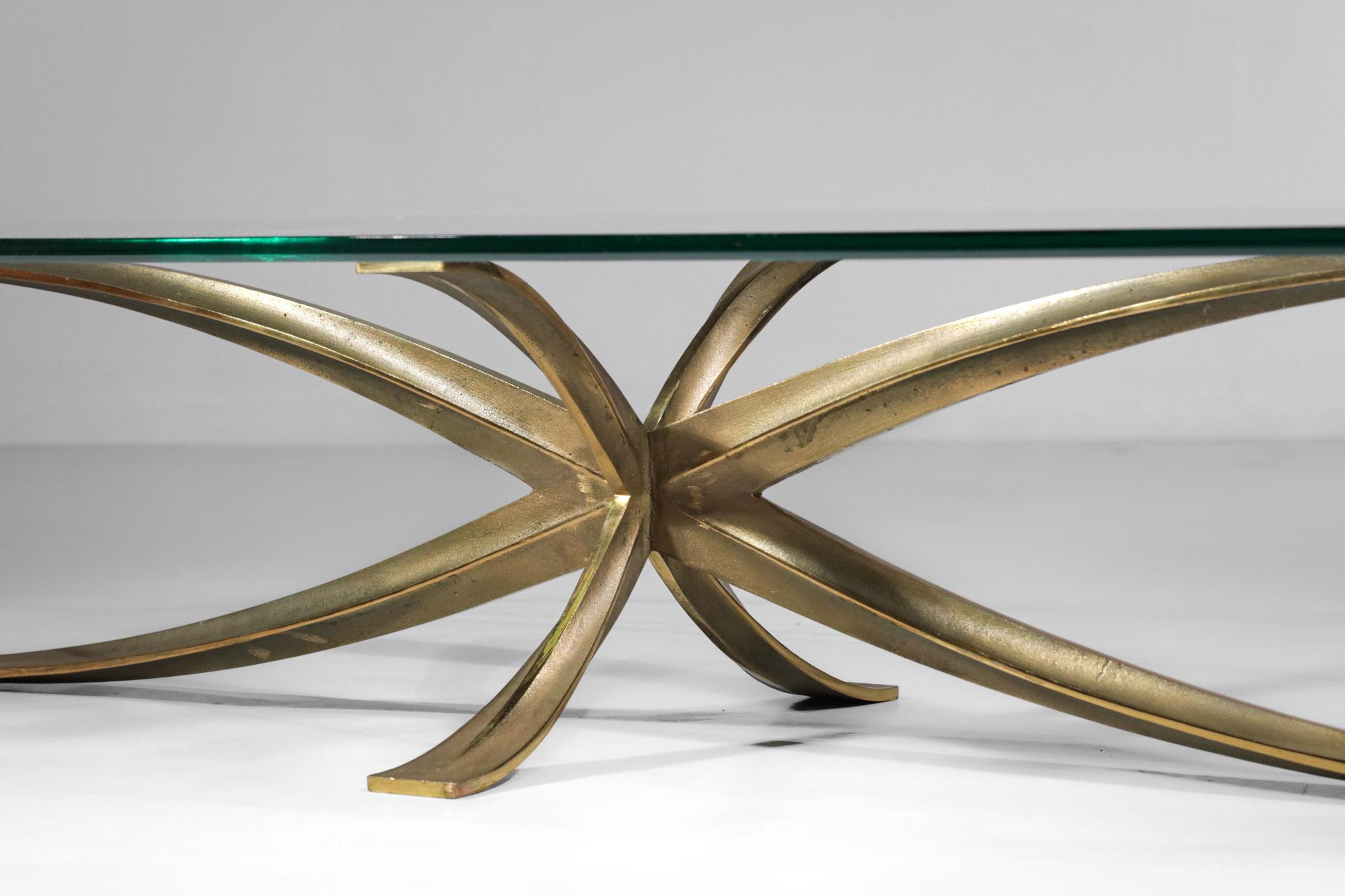 Large Michel Mangematin Coffee Table in Gilt Bronze and Oval Glass 1960's Design For Sale 6