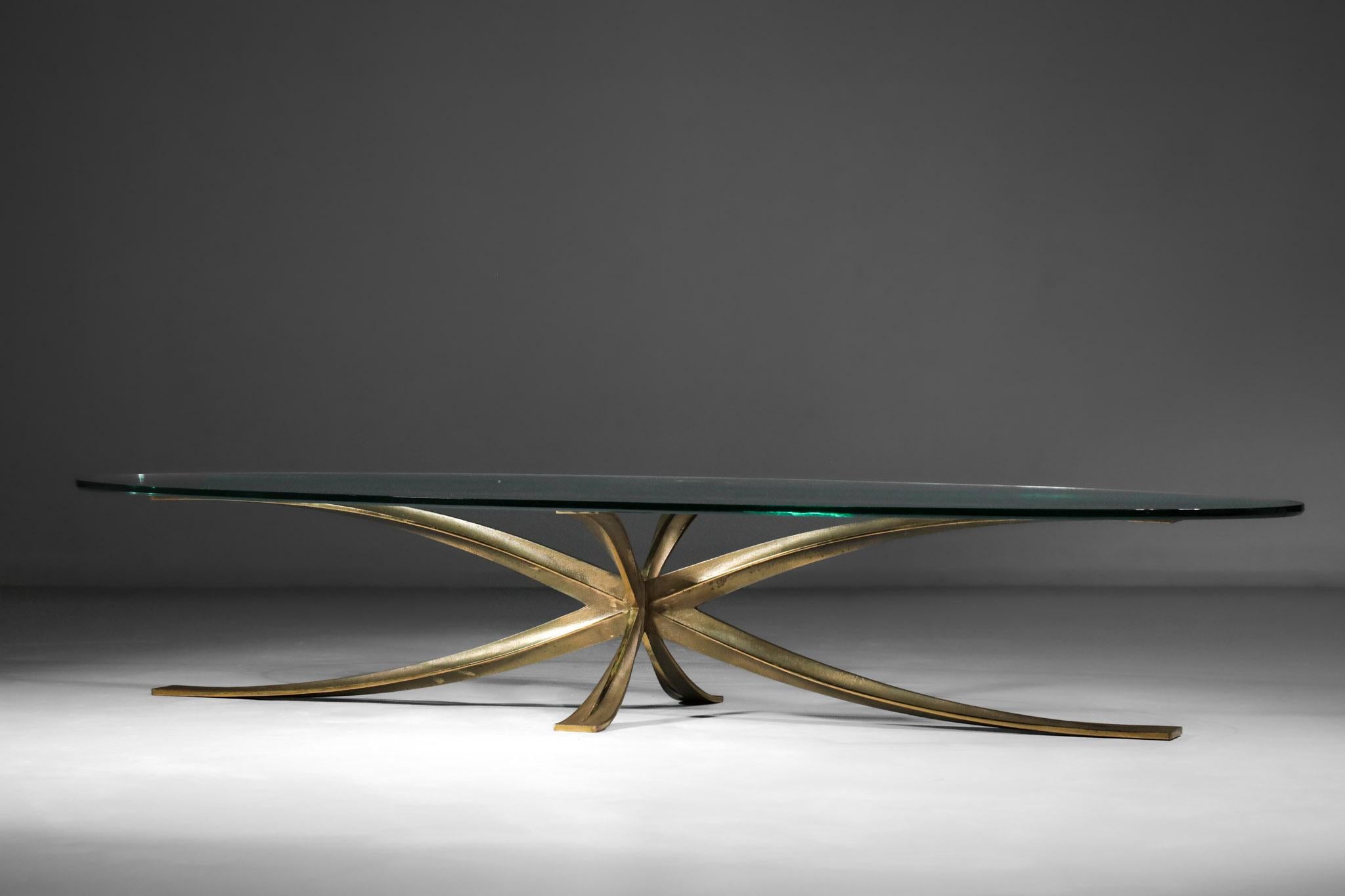 Large Michel Mangematin Coffee Table in Gilt Bronze and Oval Glass 1960's Design For Sale 8