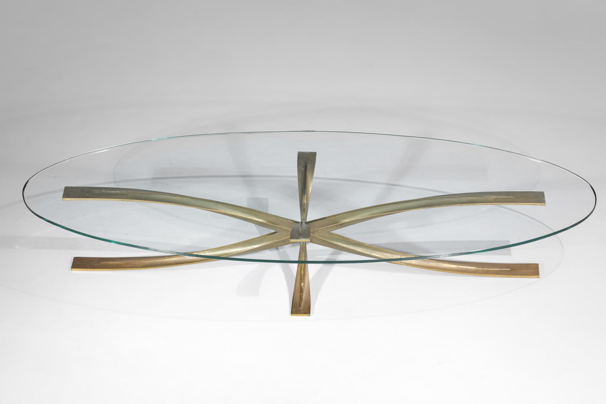 Large Michel Mangematin Coffee Table in Gilt Bronze and Oval Glass 1960's Design For Sale 9