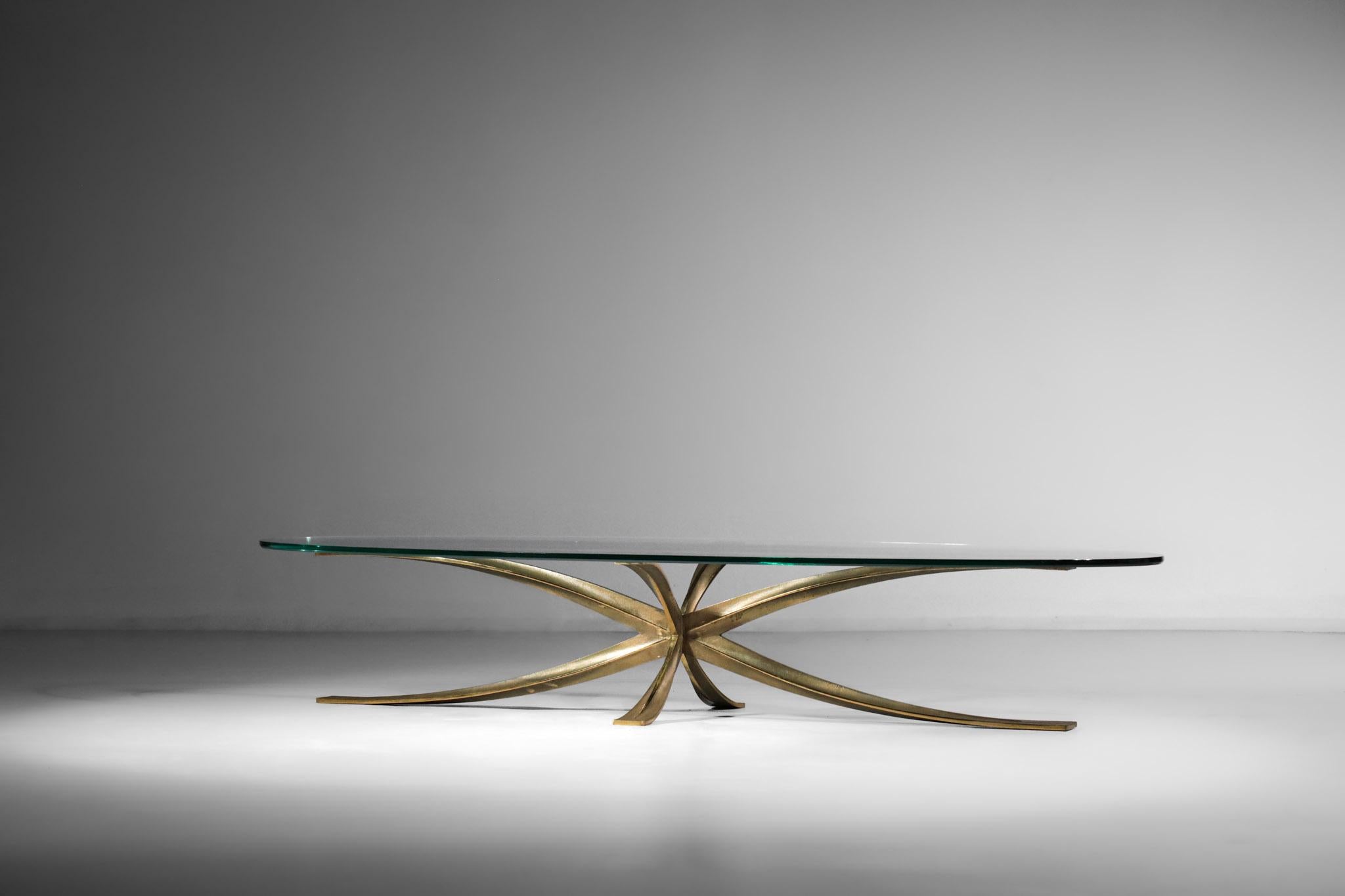 Large Michel Mangematin Coffee Table in Gilt Bronze and Oval Glass 1960's Design For Sale 10