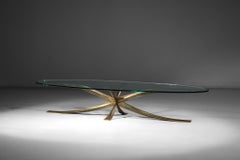 Large Michel Mangematin Coffee Table in Gilt Bronze and Oval Glass 1960's Design