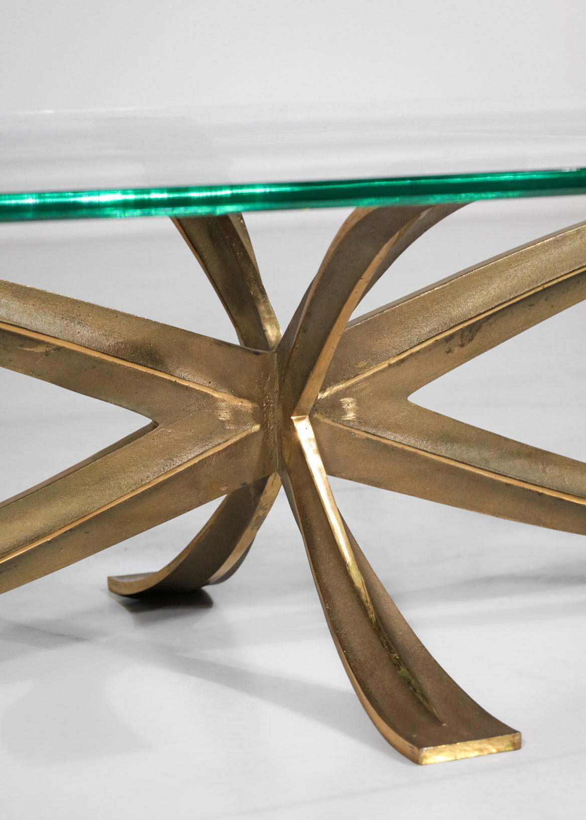 French Large Michel Mangematin Coffee Table in Gilt Bronze and Oval Glass 1960's Design For Sale