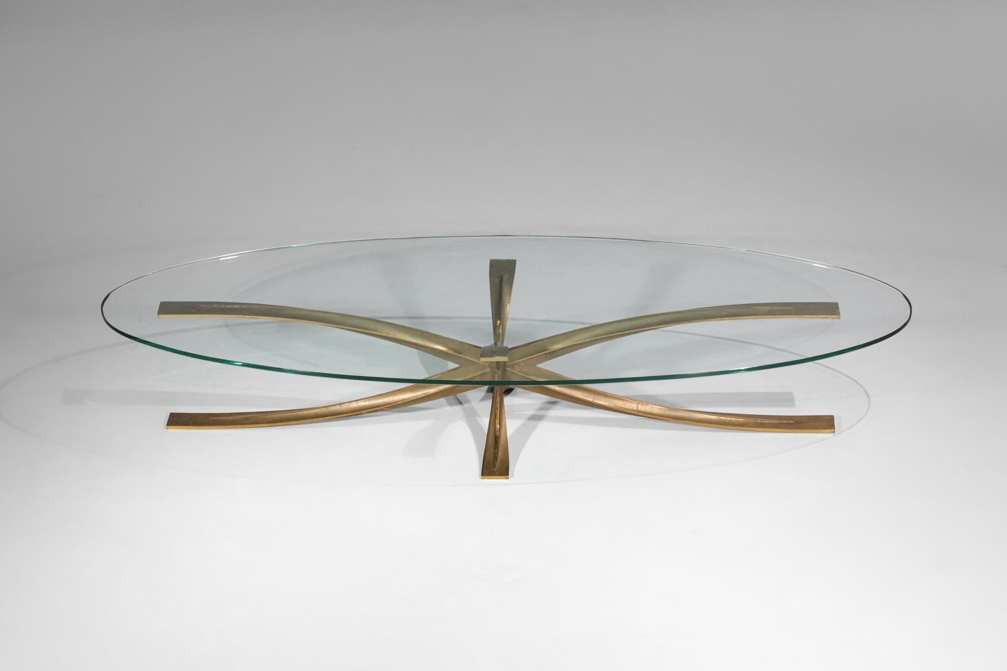 Mid-20th Century Large Michel Mangematin Coffee Table in Gilt Bronze and Oval Glass 1960's Design For Sale