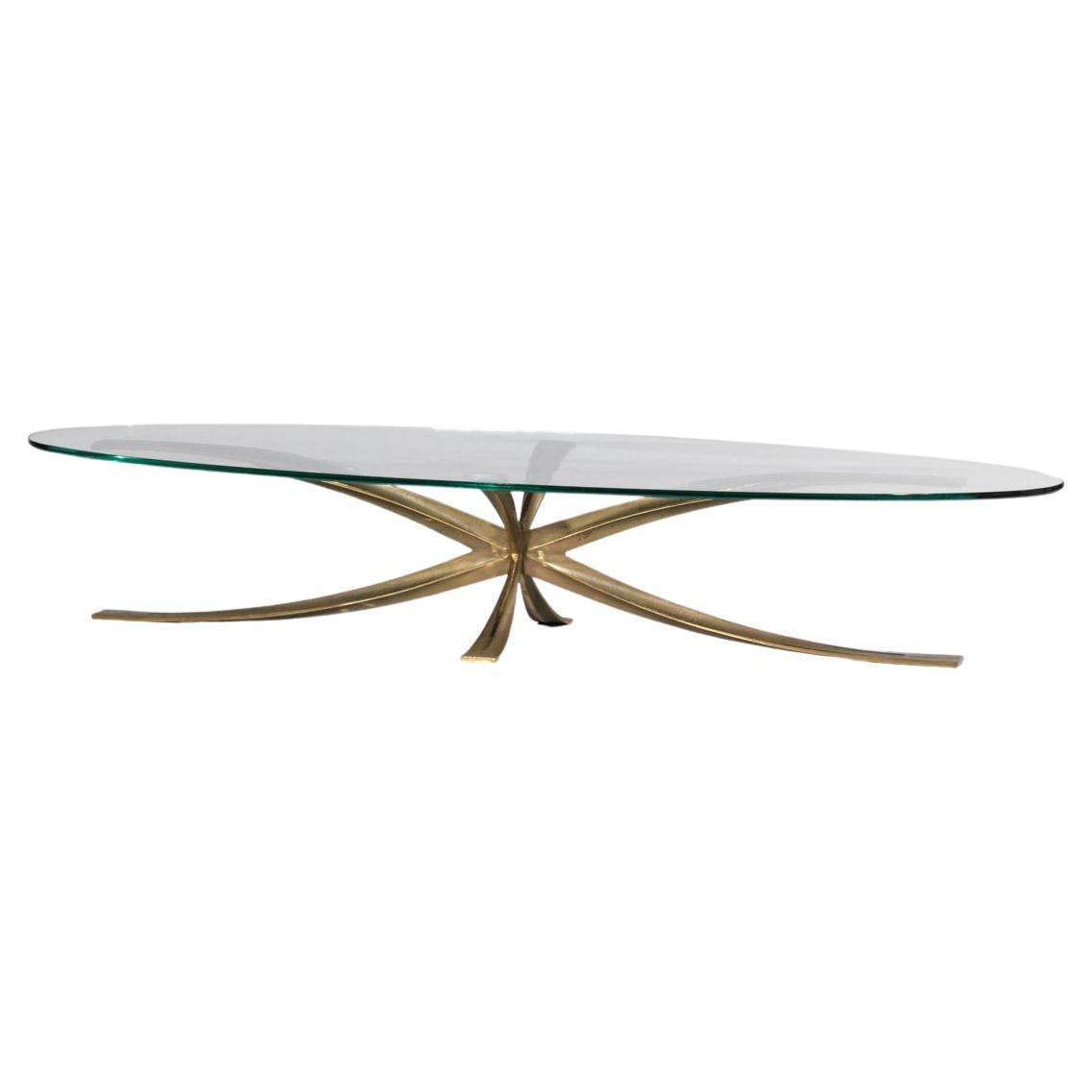 Large Michel Mangematin Coffee Table in Gilt Bronze and Oval Glass 1960's Design For Sale